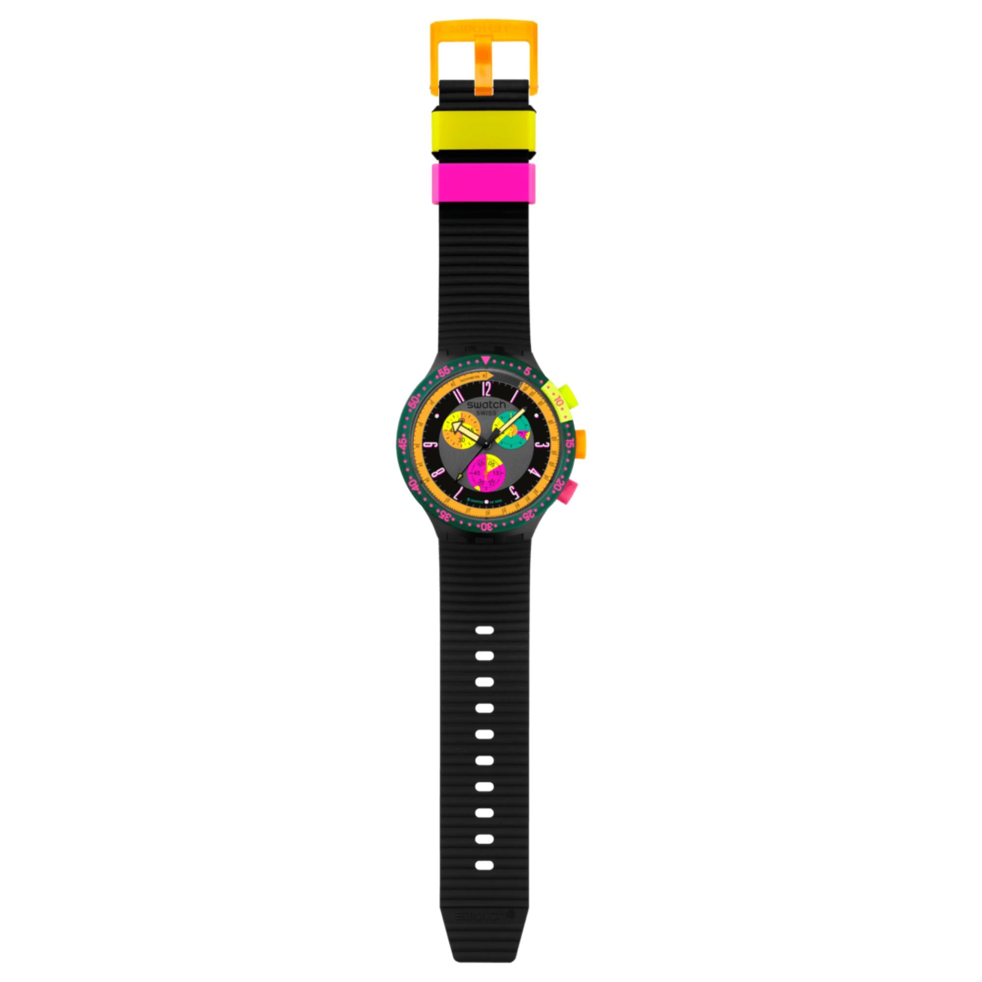 Swatch Big Bold Neon Seppia Chronograph Quarz Schwarzes Zifferblatt Silikonarmband Uhr SB02B104