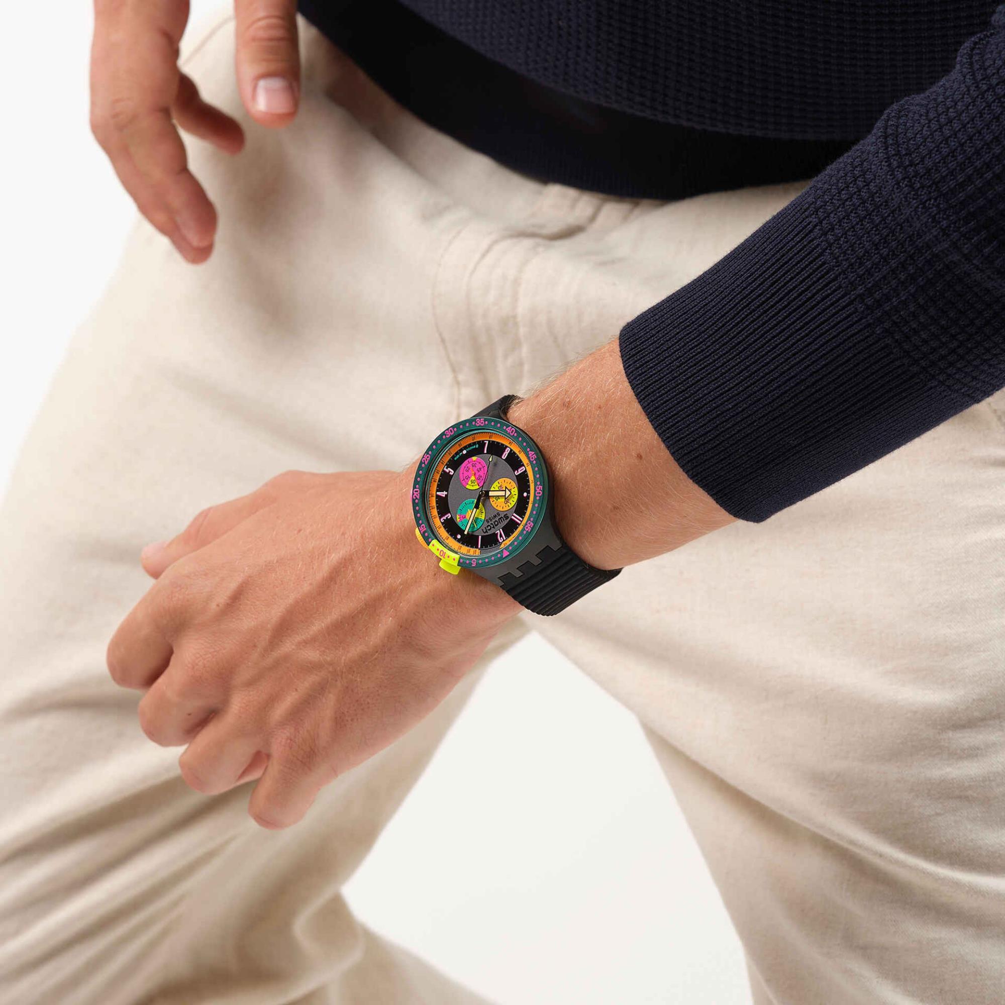 Swatch Big Bold Neon Seppia Chronograph Quarz Schwarzes Zifferblatt Silikonarmband Uhr SB02B104