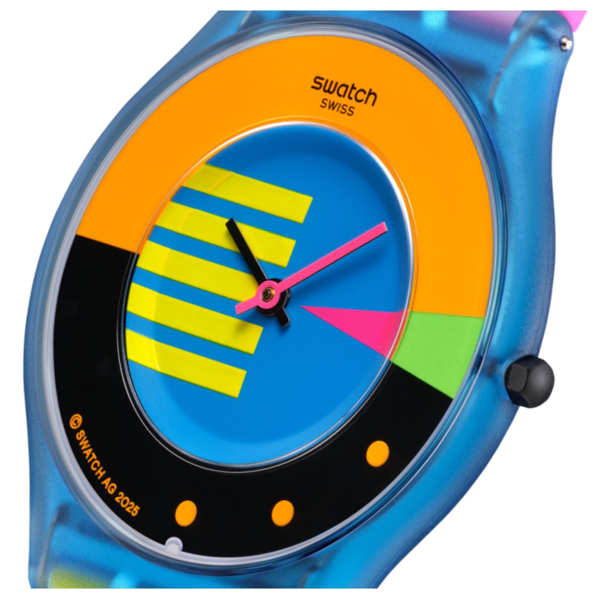 Swatch Skin Neon Flumotions Quarz Blaues Zifferblatt Silikonarmband Uhr SS08S101