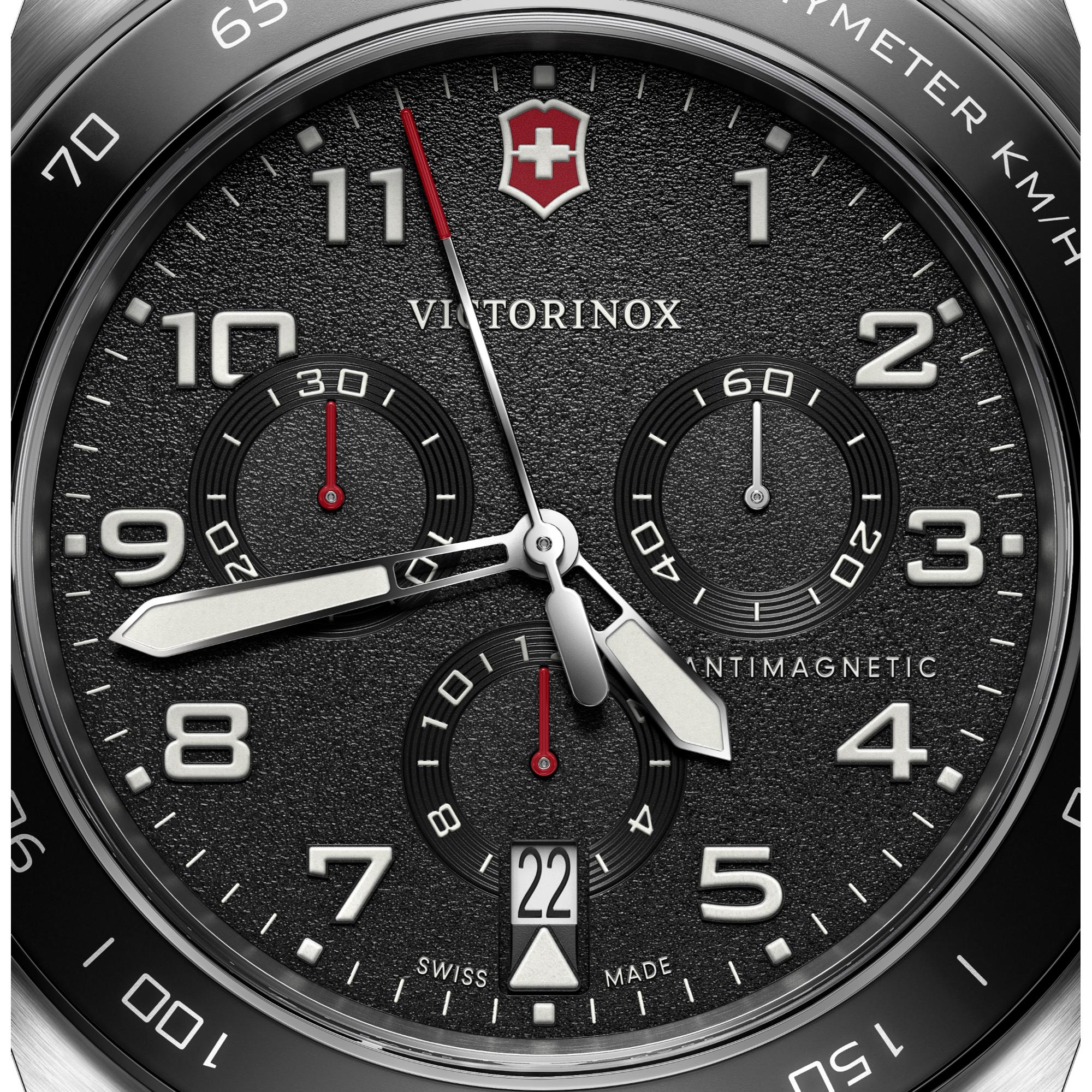 Victorinox Swiss Army 242046 tachymeter bezel and three sub-dial close-up