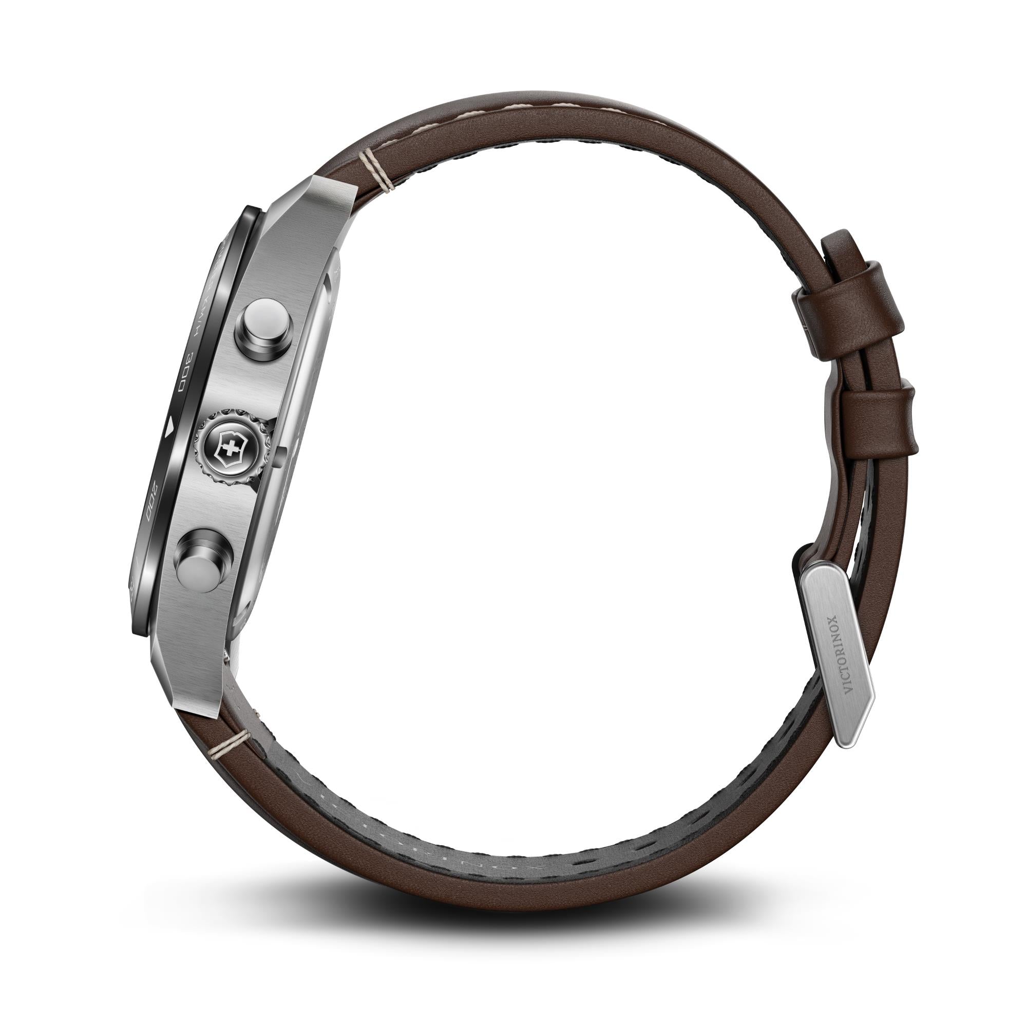Side view of Victorinox 242046 chronograph showing stainless steel case, crown, pushers and brown leather strap