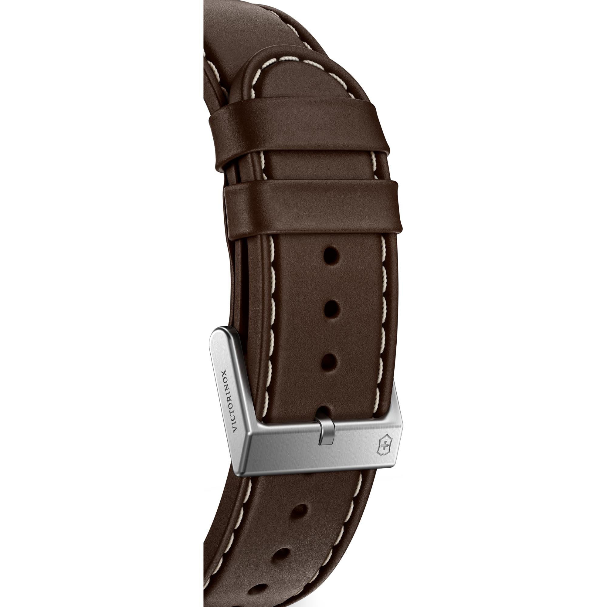 Close-up of Victorinox 242046 brown leather strap with stainless steel buckle and Victorinox logo