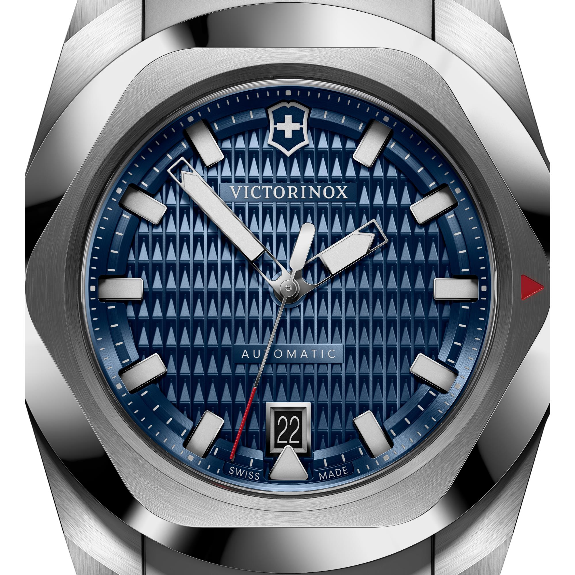 Close-up of Victorinox I.N.O.X. blue dial automatic steel watch 242020