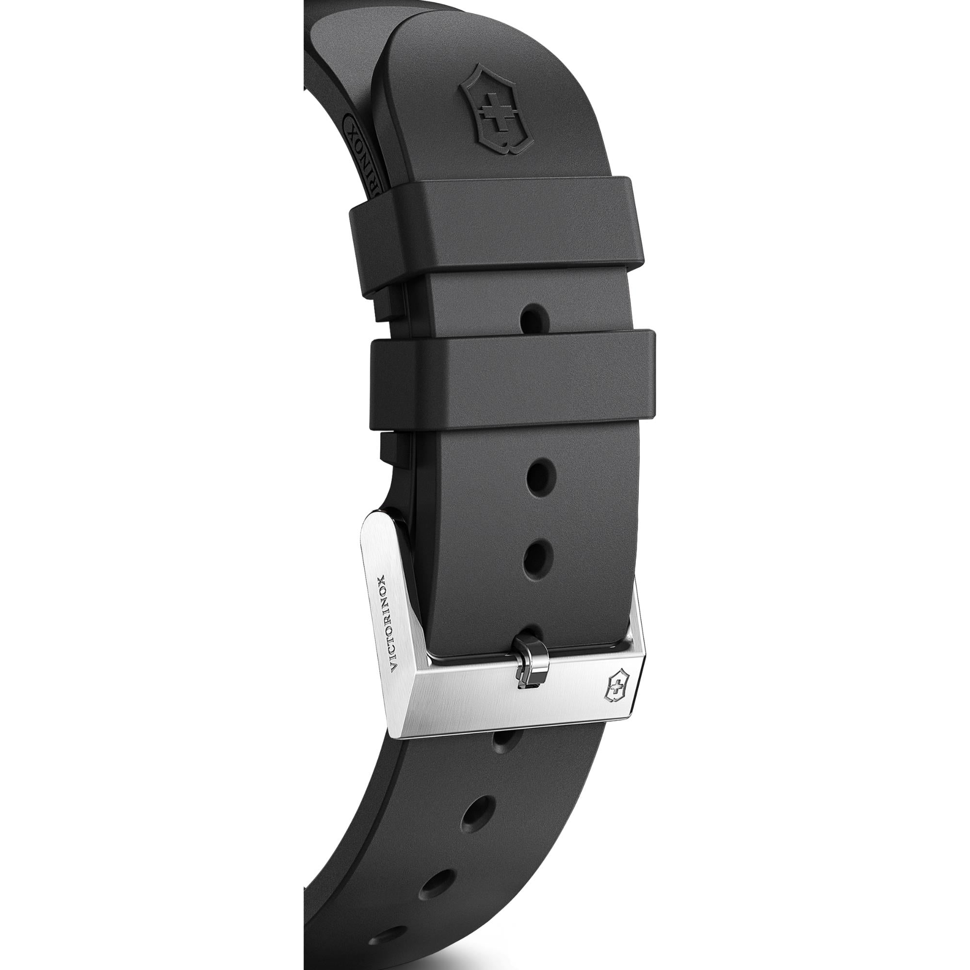 Close-up of Victorinox I.N.O.X. 242028 black rubber strap and pin buckle