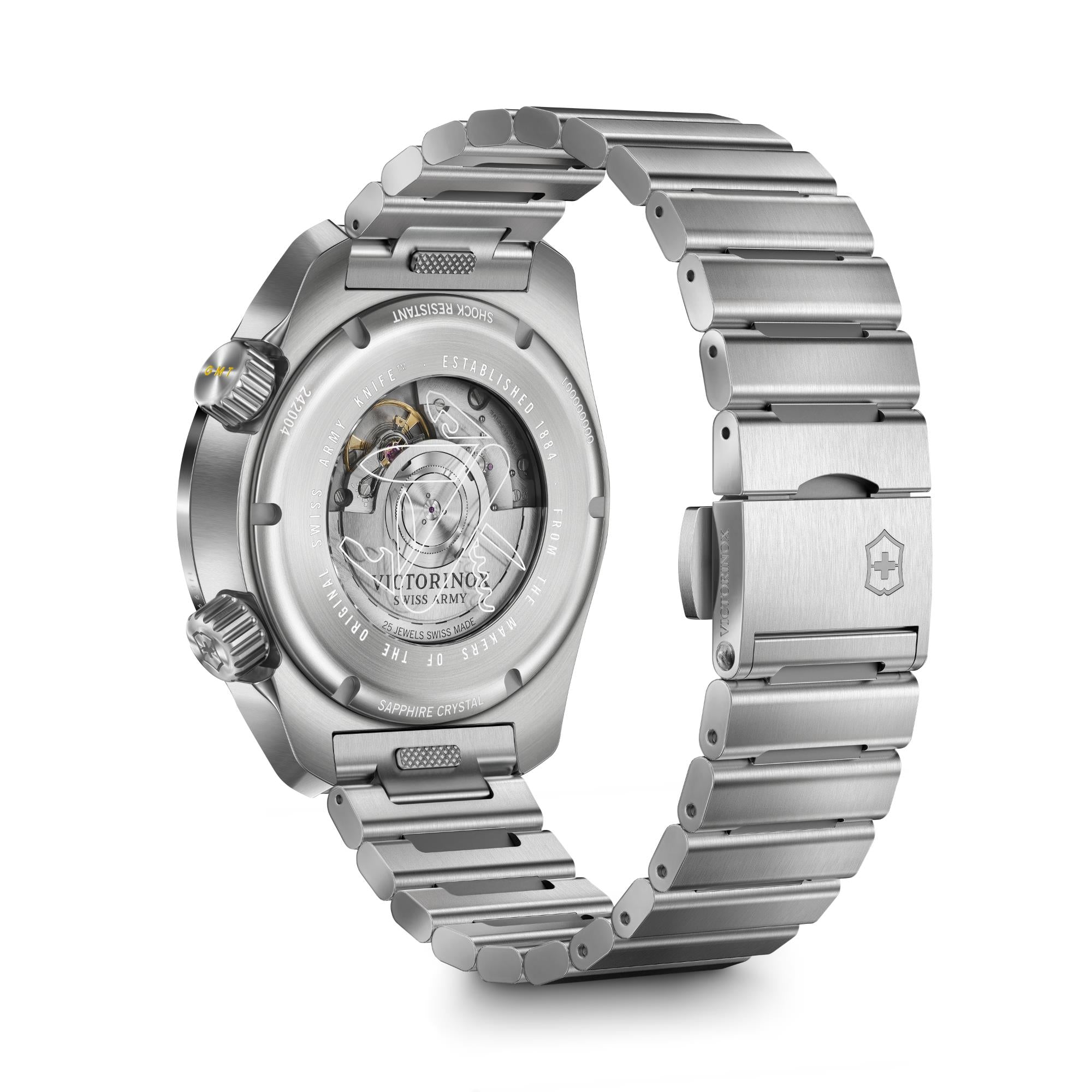 Angled view of Victorinox Air Pro 242004 GMT watch with stainless steel bracelet