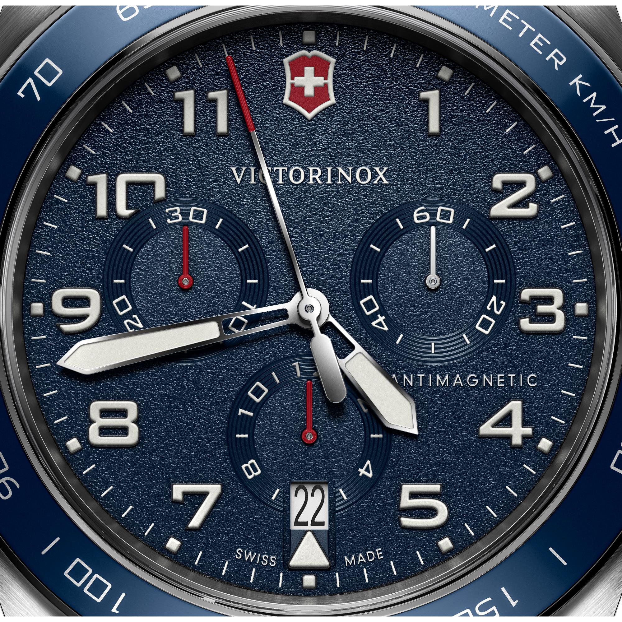 Victorinox Swiss Army 242049 blue dial and three sub-dial chronograph layout