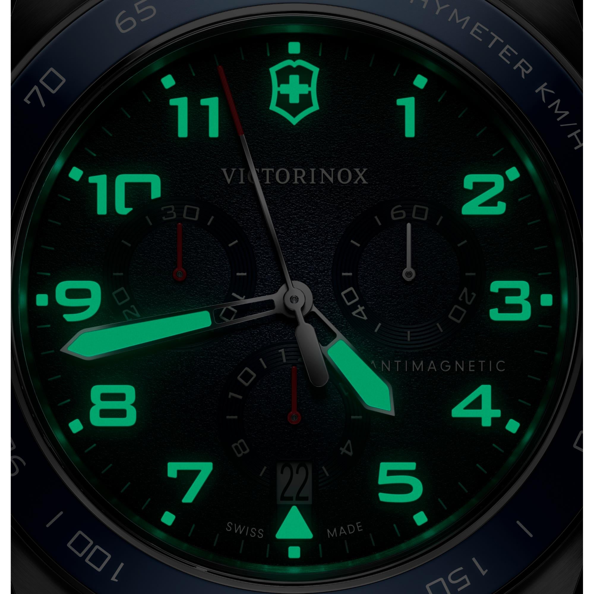 Victorinox Swiss Army 242049 Chronograph watch with intense green lume in dark environment