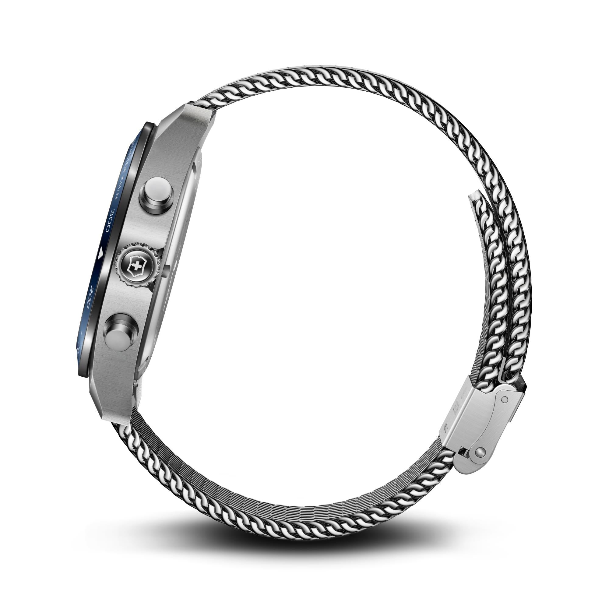 Side view of Victorinox Swiss Army Chronograph watch highlighting the mesh bracelet case profile