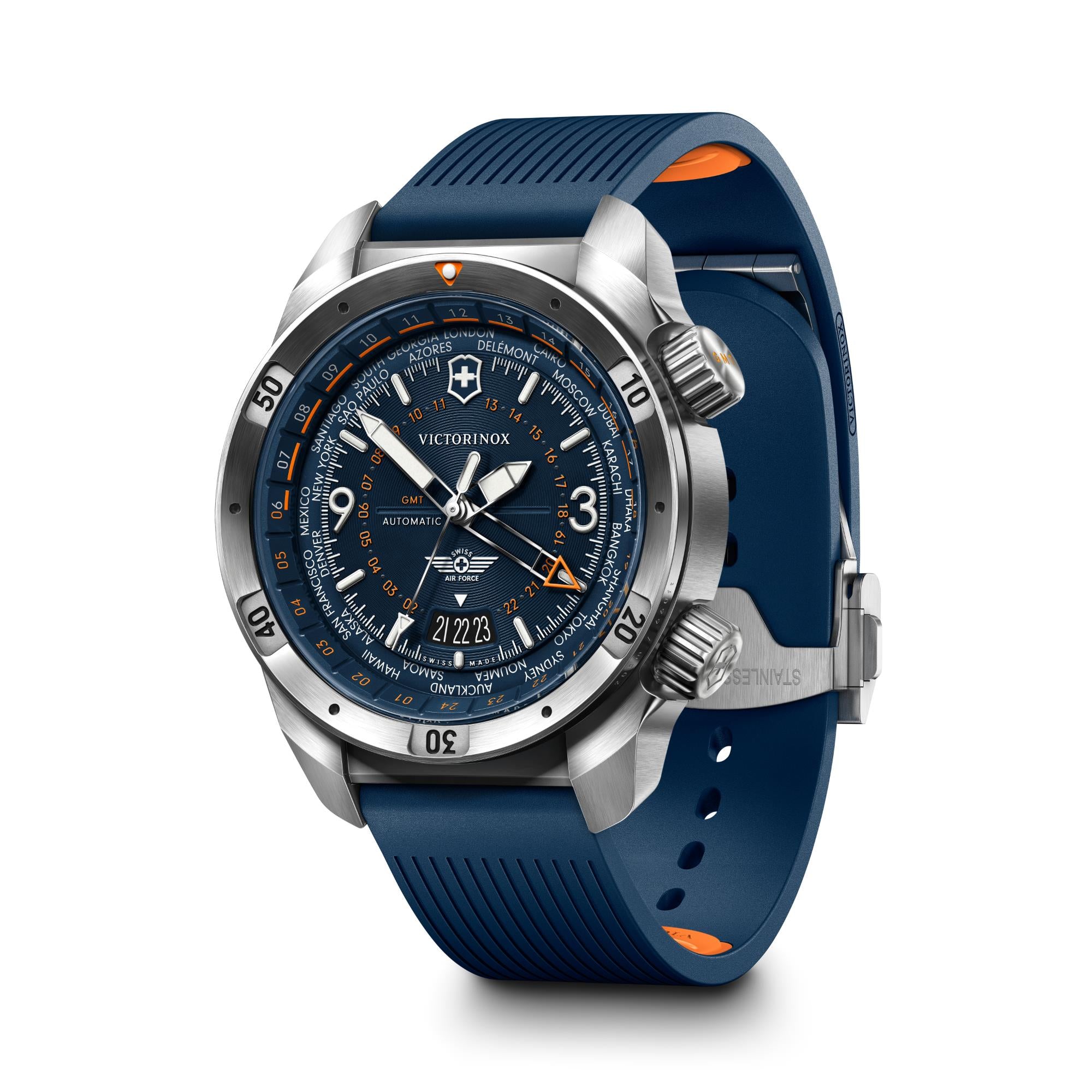 Victorinox Air Pro 242003 GMT watch angled to display the blue rubber strap, case profile and crown
