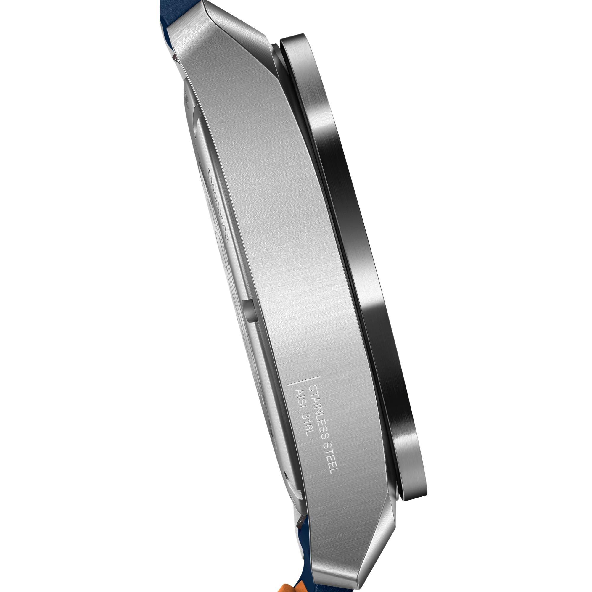 Close-up side view of Victorinox Air Pro 242003 stainless steel case engraved with "STAINLESS STEEL" and "AIS 316L"
