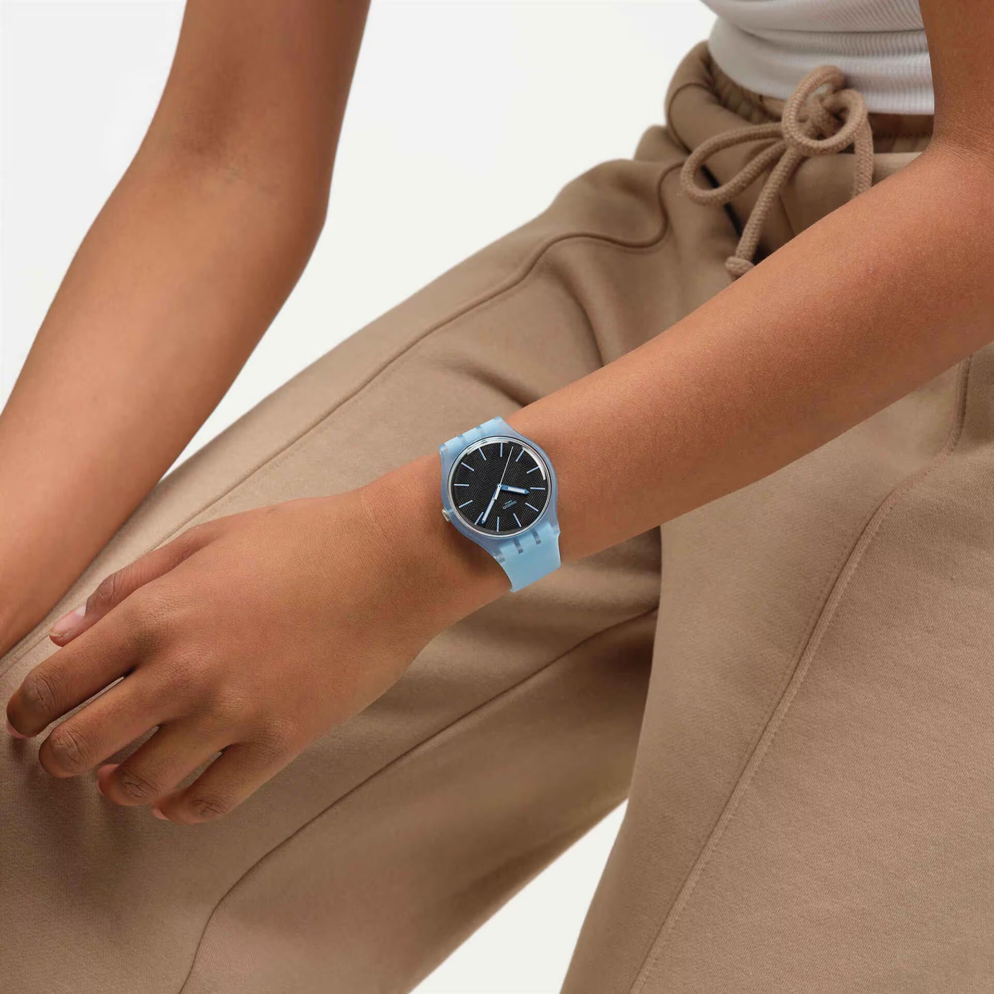 Swatch Originals Blue Moves Quarz Schwarzes Zifferblatt Silikonarmband Uhr SO29L101