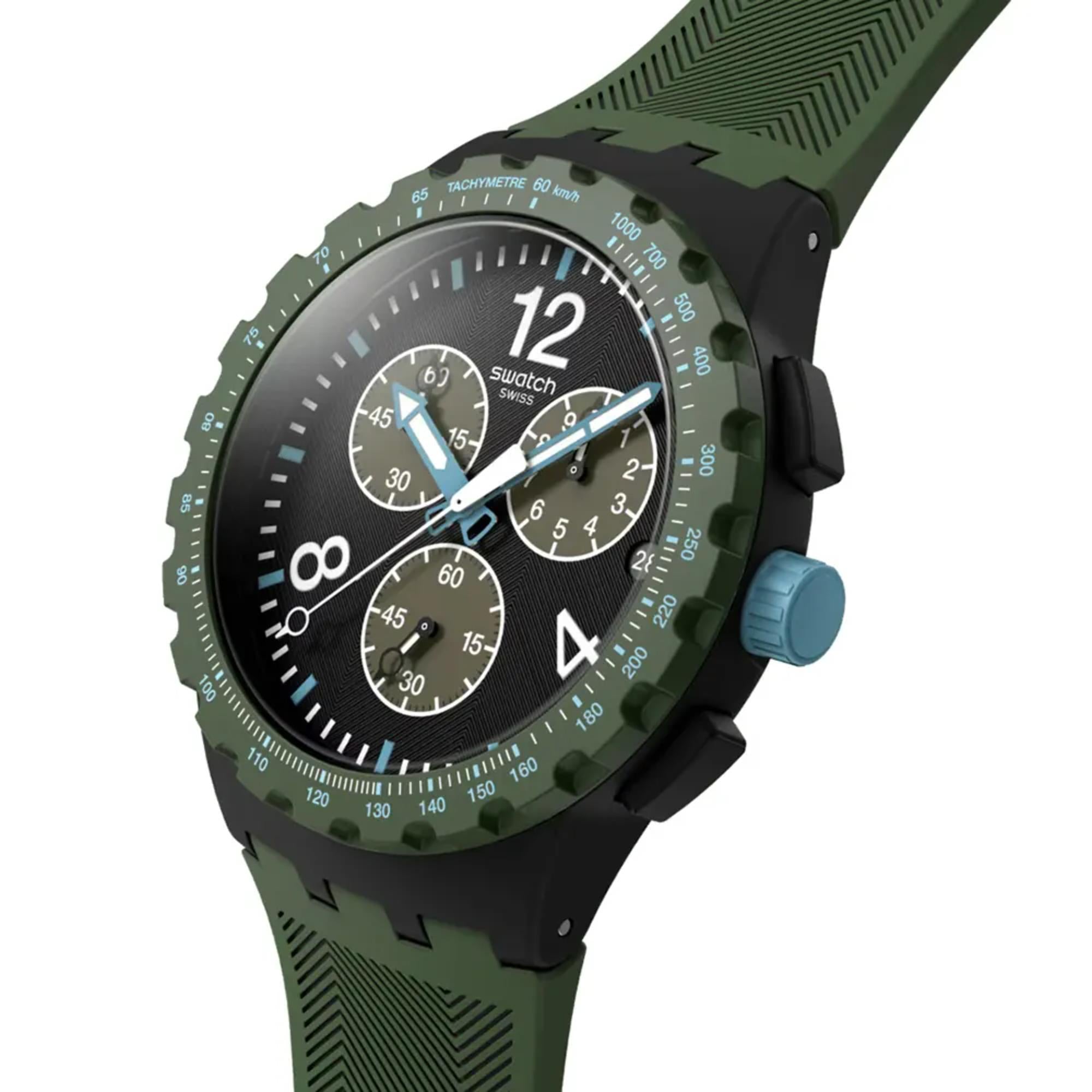 Swatch Originals Olivenrausch Chronograph Schwarz Zifferblatt Silikonarmband Uhr SUSB421