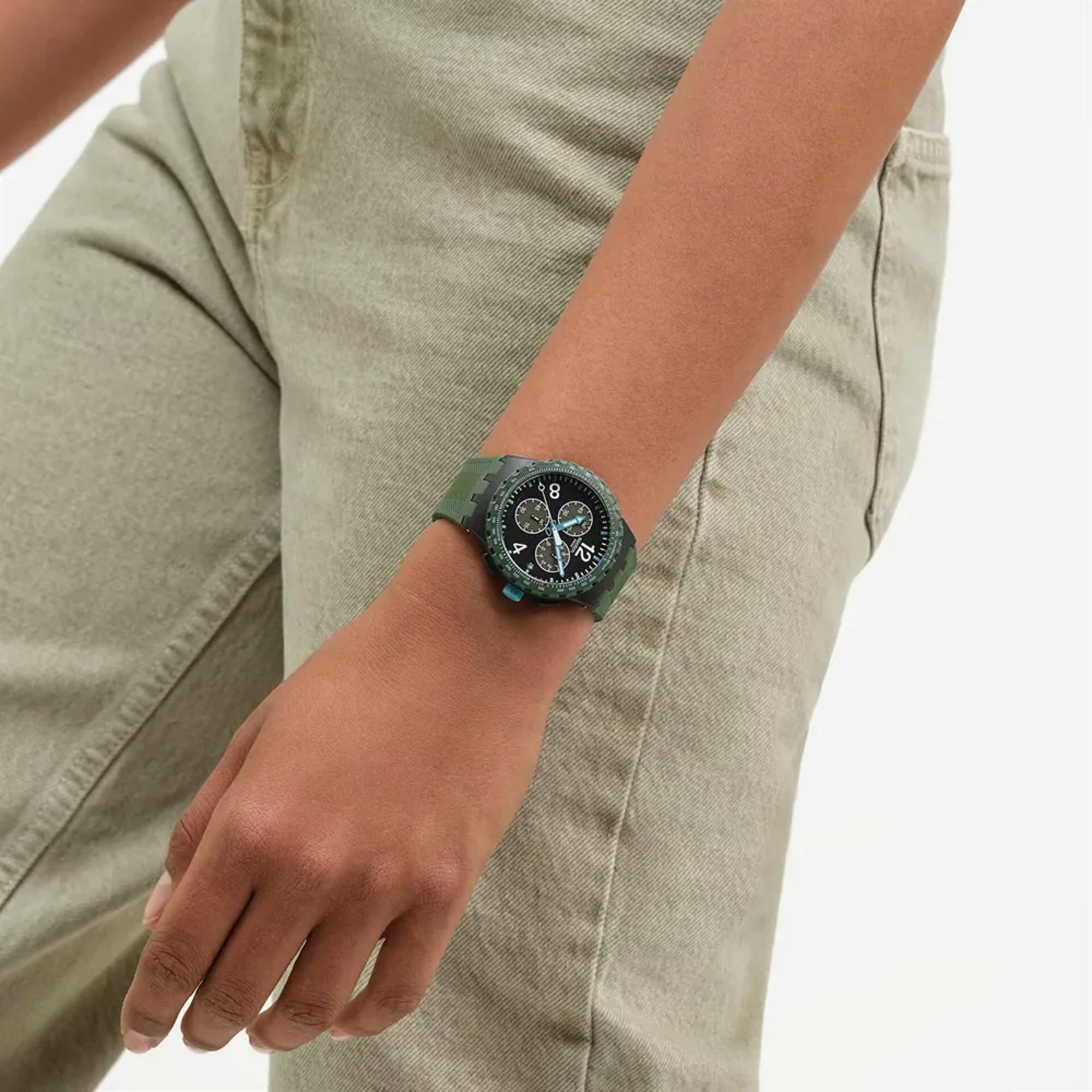 Swatch Originals Olivenrausch Chronograph Schwarz Zifferblatt Silikonarmband Uhr SUSB421