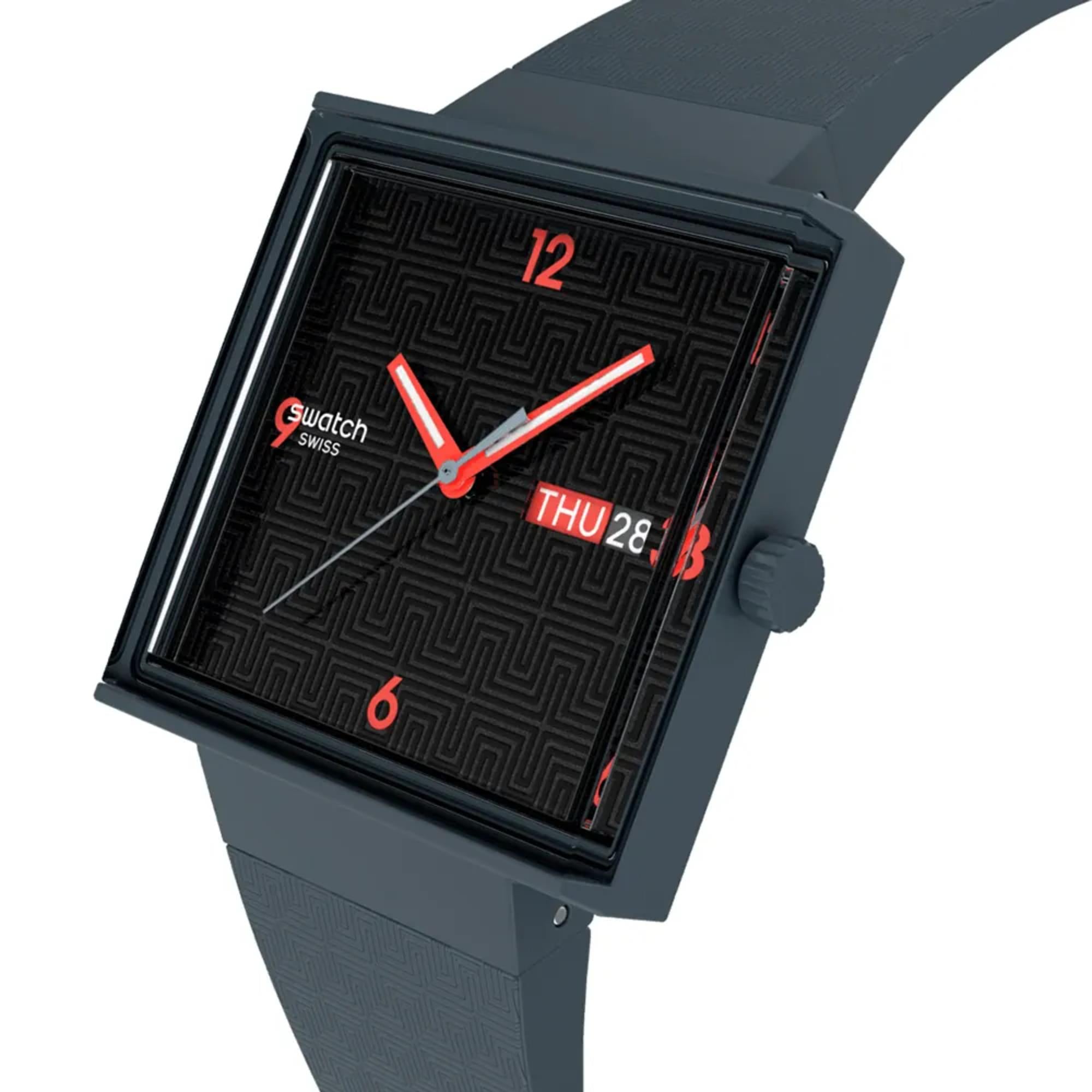Swatch Originals Squared Off Quartz Black Dial Silicone Strap Watch SO34M701