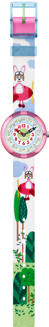 Flik Flak Hopp on a Plane Kinder Mädchen Grüner Textilarmband Pinkes Kunststoffgehäuse Hund Uhr FBNP104