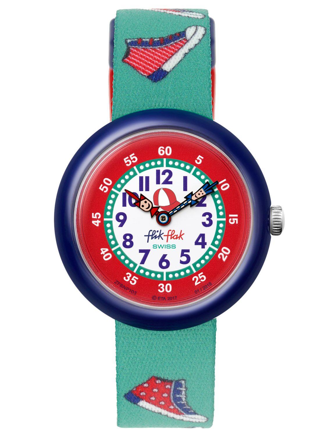 Flik Flak Sneaky Blauer Kunststoffgehäuse Grünes Textilarmband Kinder Jungen Schuhe Uhr FBNP103 32mm