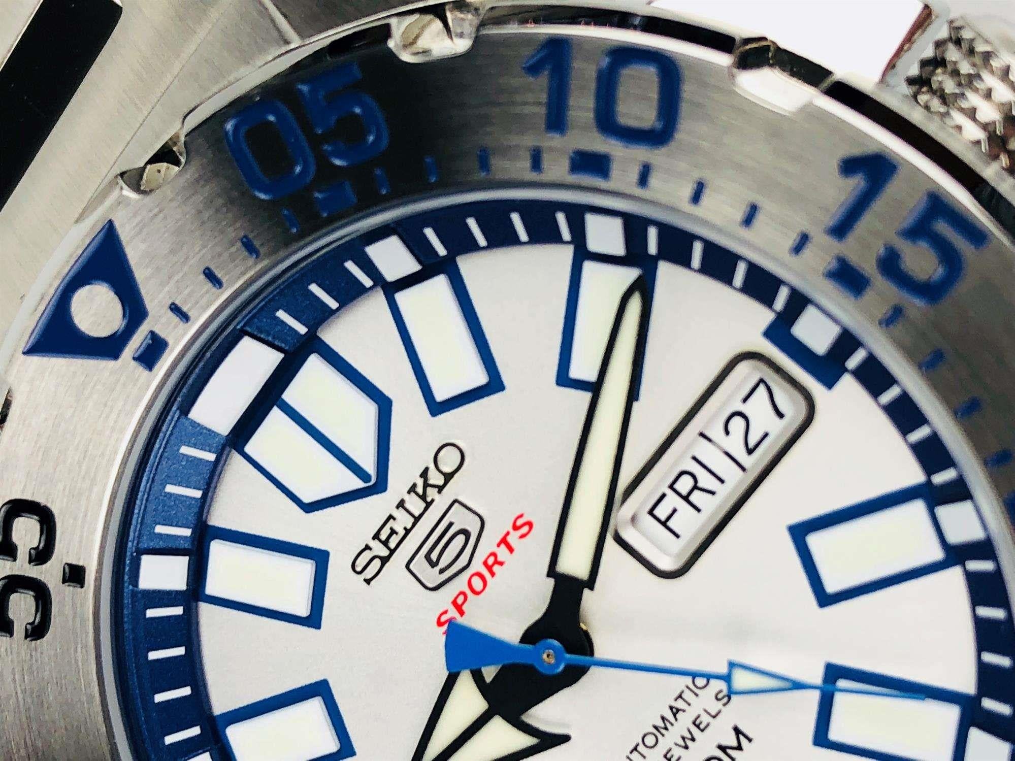 Seiko 5 Sports 'Monster' White Dial Stainless Steel Bracelet Men's Watch SRP481K1