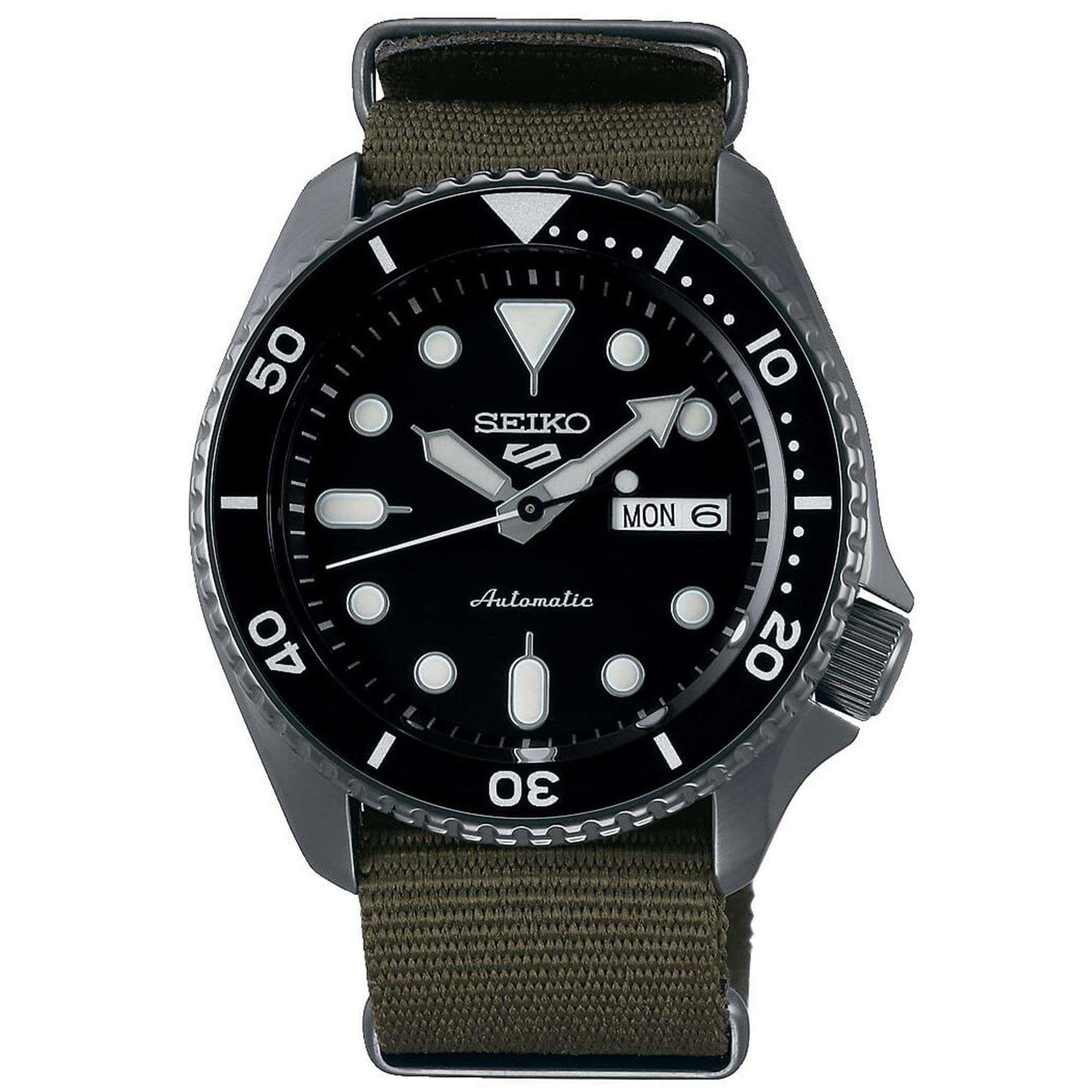 Seiko 5 Sports Automatik Schwarzes Zifferblatt Grünes NATO Armband Herren Uhr SRPD65K4