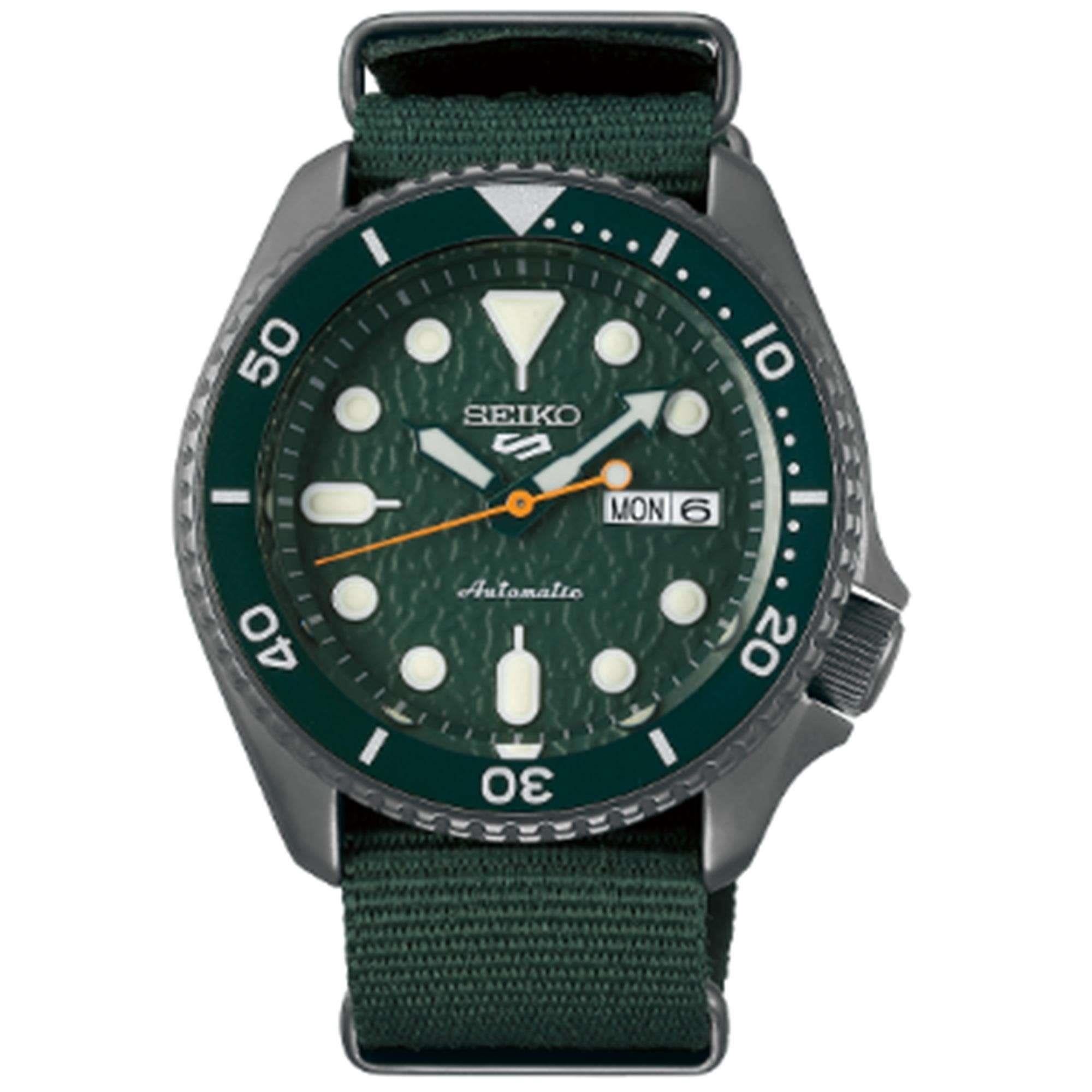 Seiko 5 Sports Edelstahlgehäuse Grünes Canvasarmband Automatik Grünes Zifferblatt Herren Uhr SRPD77K1