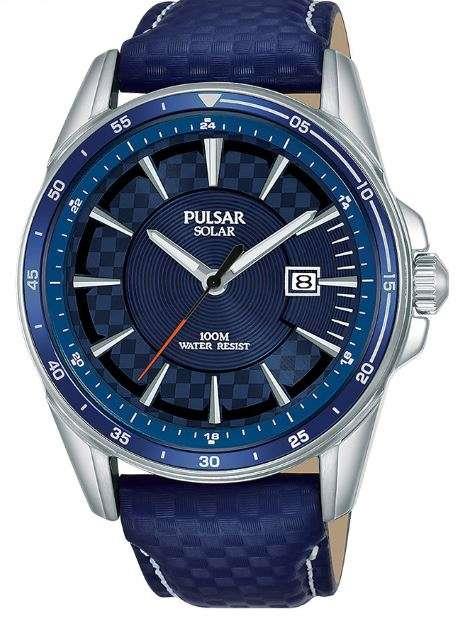 Pulsar Accelerator Solar Blaues Lederarmband Silber Edelstahl Gehäuse Herren Uhr PX3205X1