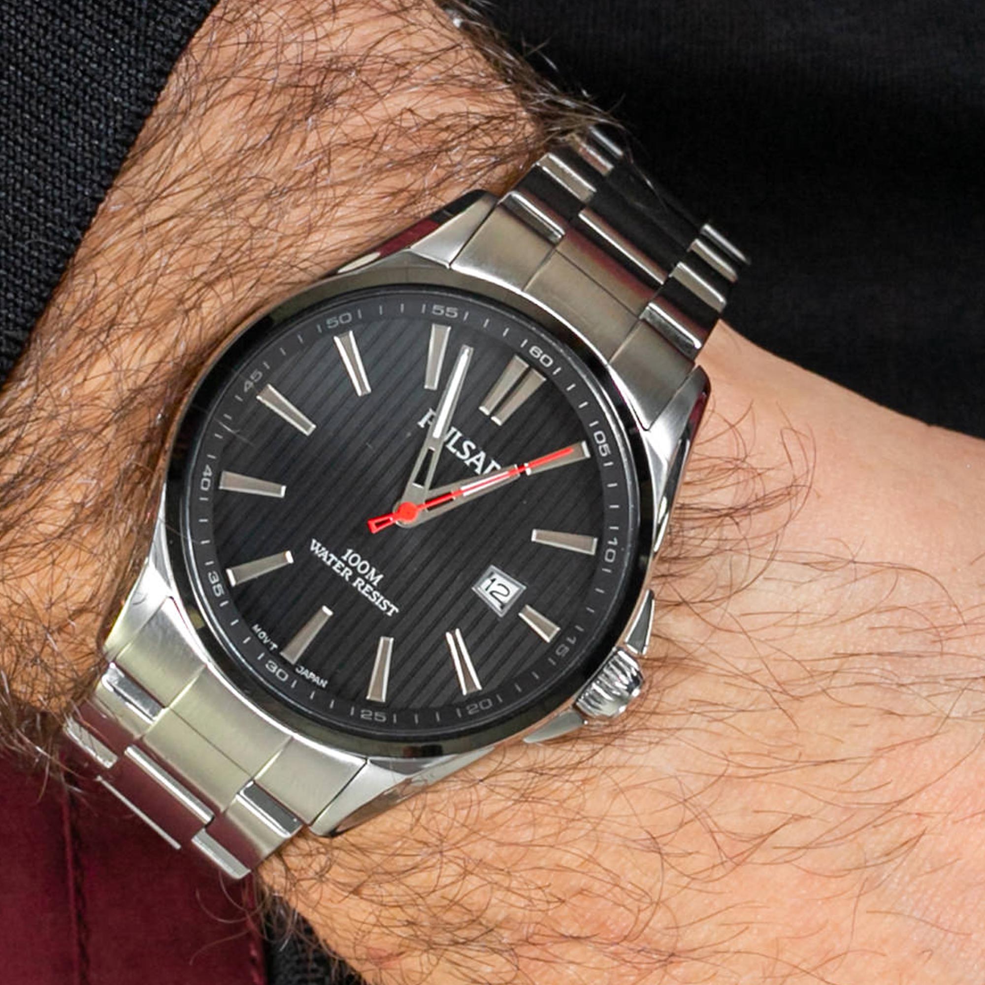 Pulsar Regular Quarz Schwarzes Zifferblatt Silber Edelstahl Herren Uhr PS9605X1