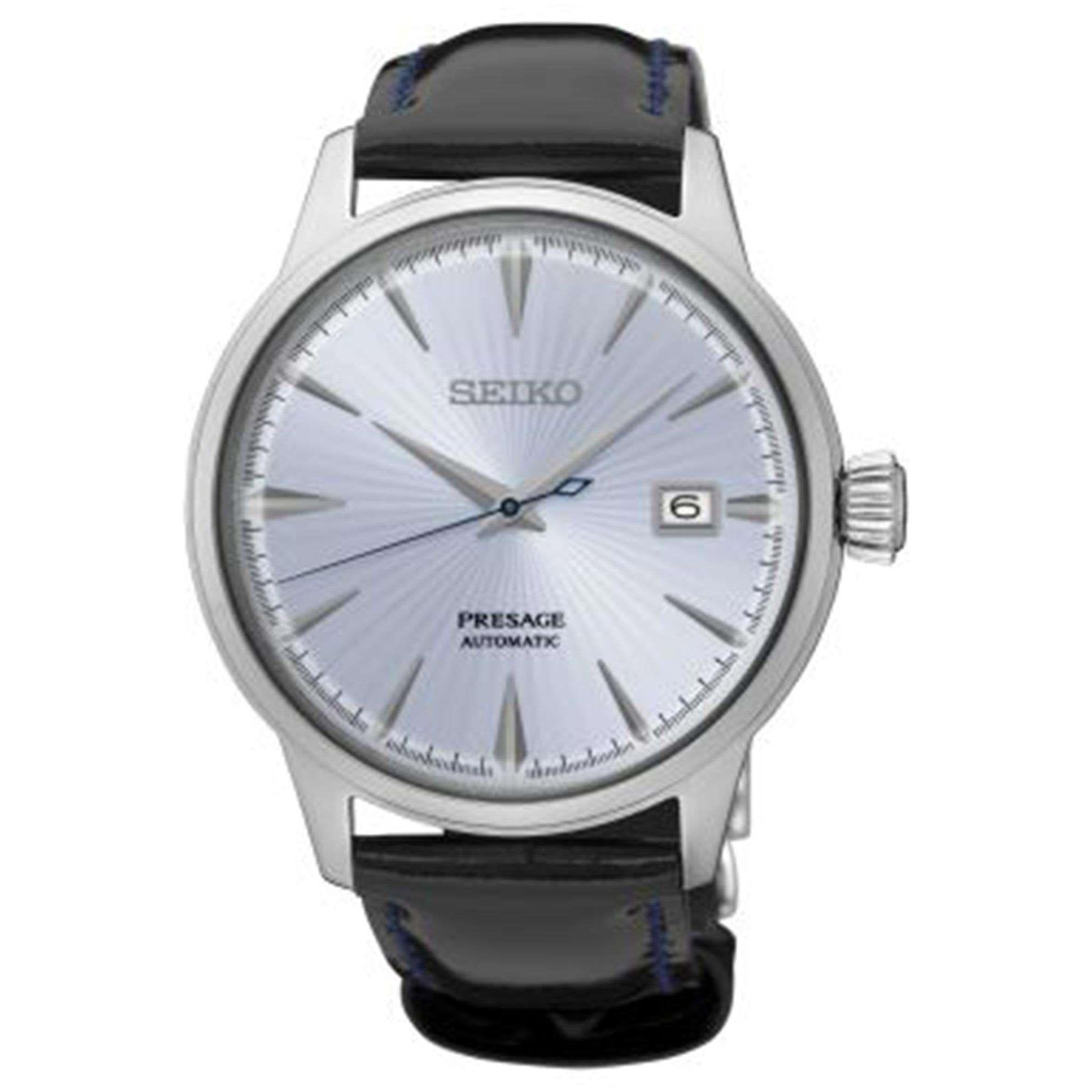 Seiko Presage Cocktail Time Automatik Uhr mit blauem Zifferblatt, schwarzes Lederarmband, Herren, SRPB43J1
