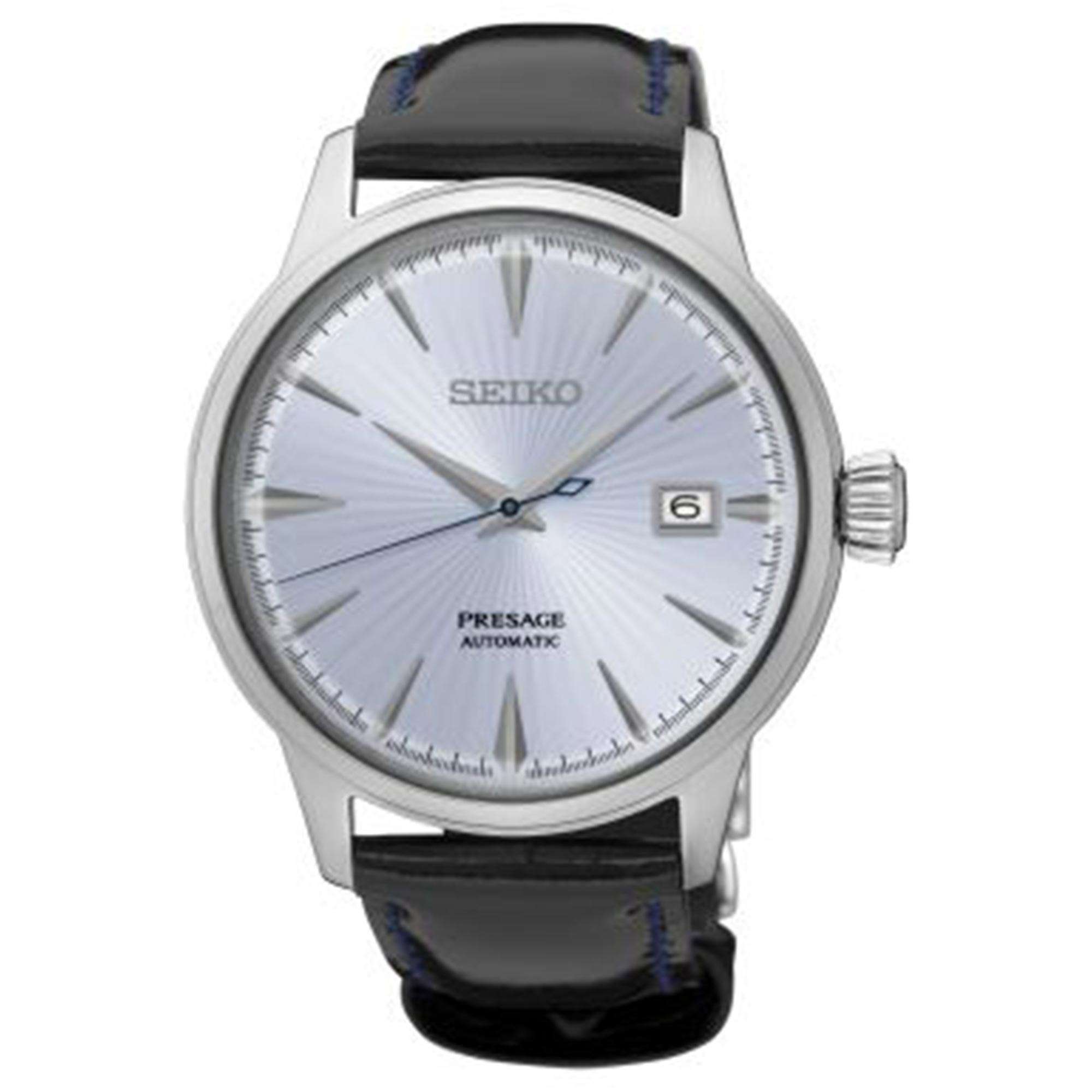 Seiko Presage Cocktail Time Automatik Uhr mit blauem Zifferblatt, schwarzes Lederarmband, Herren, SRPB43J1