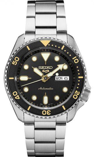 Seiko 5 Sports Uhr mit schwarzem Zifferblatt, silbernes Edelstahlarmband, Automatik, Herren, SRPD57K1