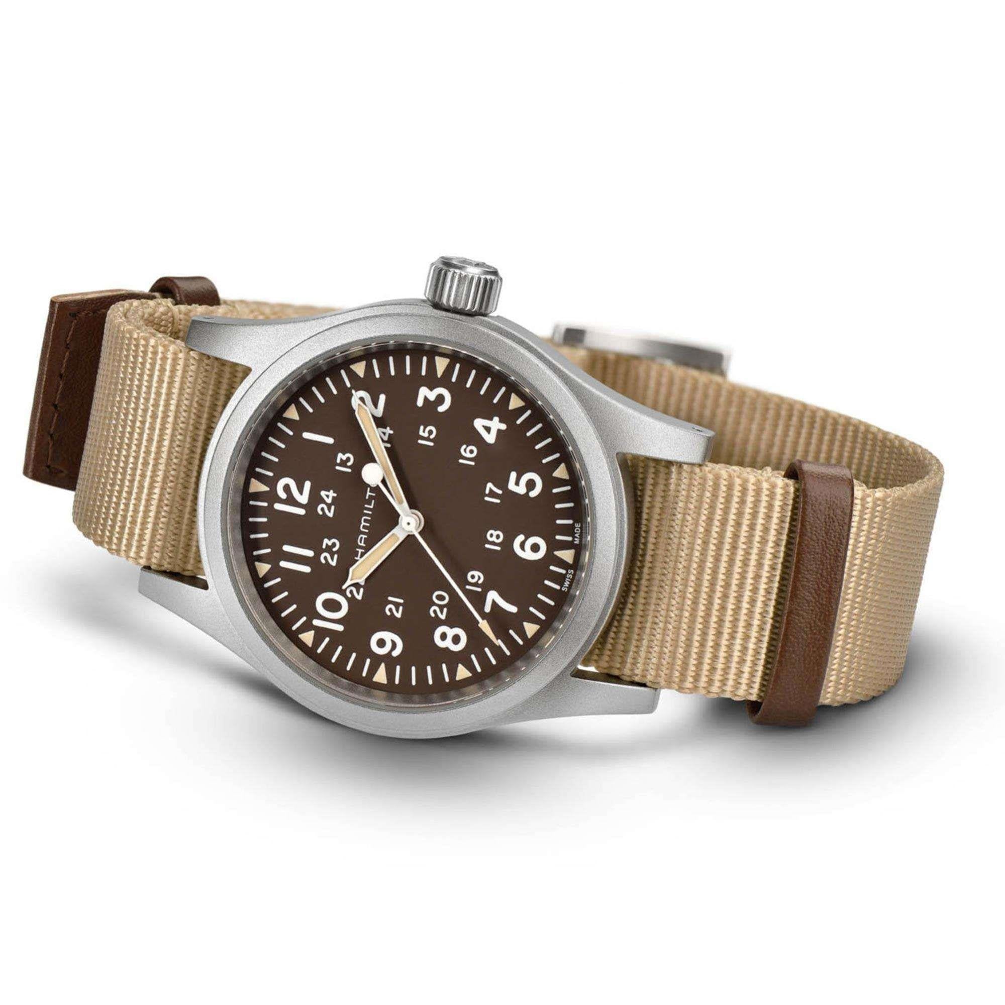 Hamilton Khaki Field 38mm 1960er Jahre Nachbildung Braunes Zifferblatt NATO Herren Mechanische Uhr H69439901
