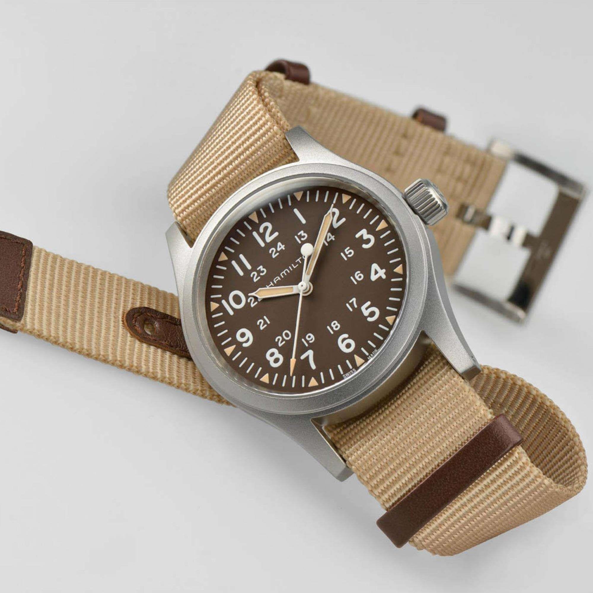 Hamilton Khaki Field 38mm 1960er Jahre Nachbildung Braunes Zifferblatt NATO Herren Mechanische Uhr H69439901