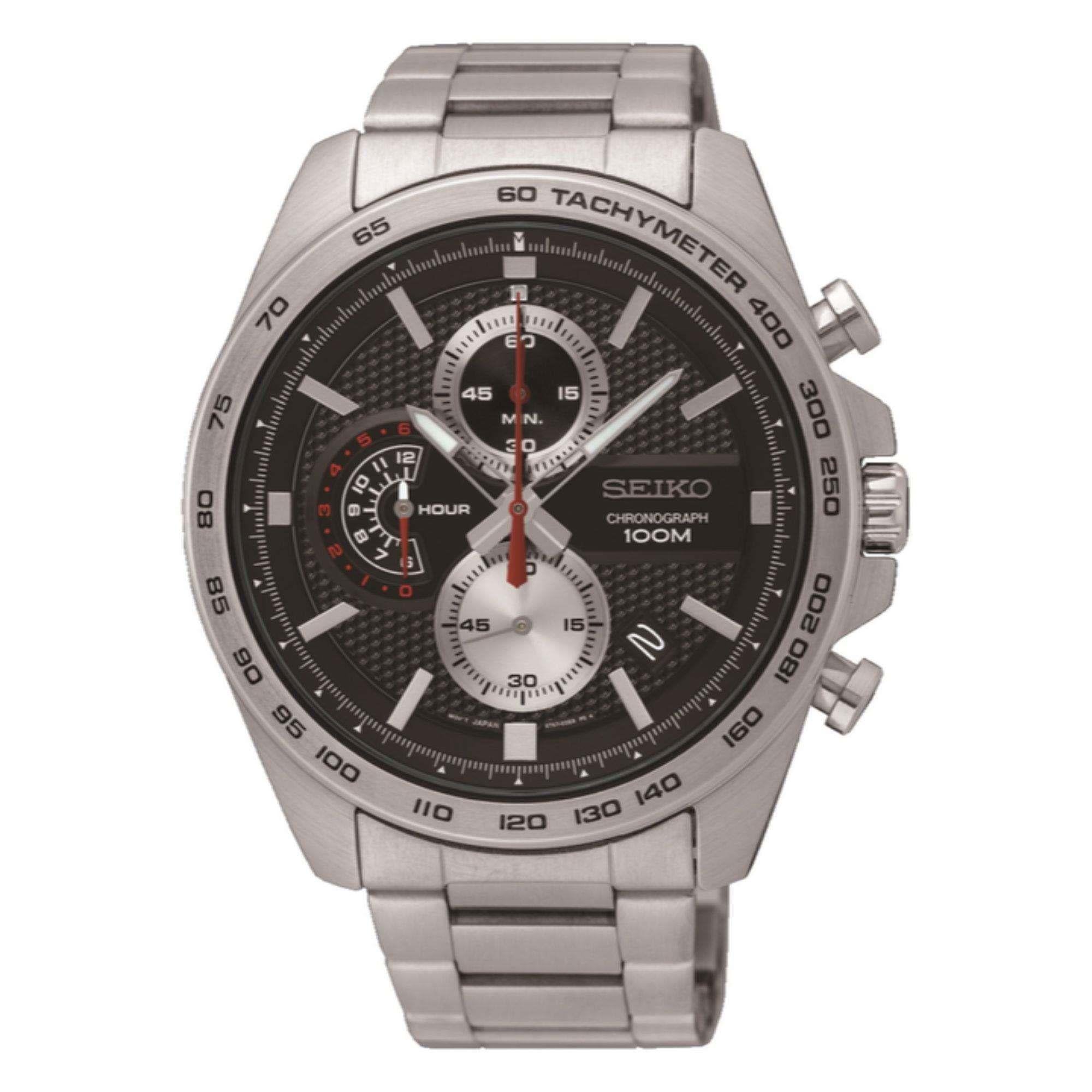 Seiko Chronograph Quarz Schwarzes Zifferblatt Silber Edelstahl Herren Uhr SSB255P1