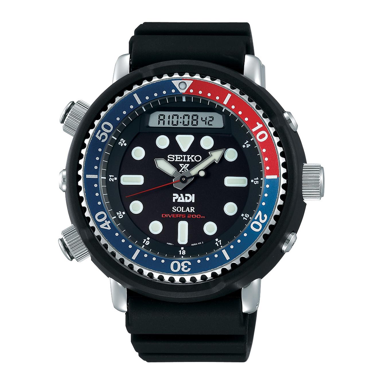 Seiko Prospex 'Arnie' PADI Predator 'Pepsi' 'Tuna' Solar Schwarzes Zifferblatt Silikonarmband Taucher Herren Uhr SNJ027P1