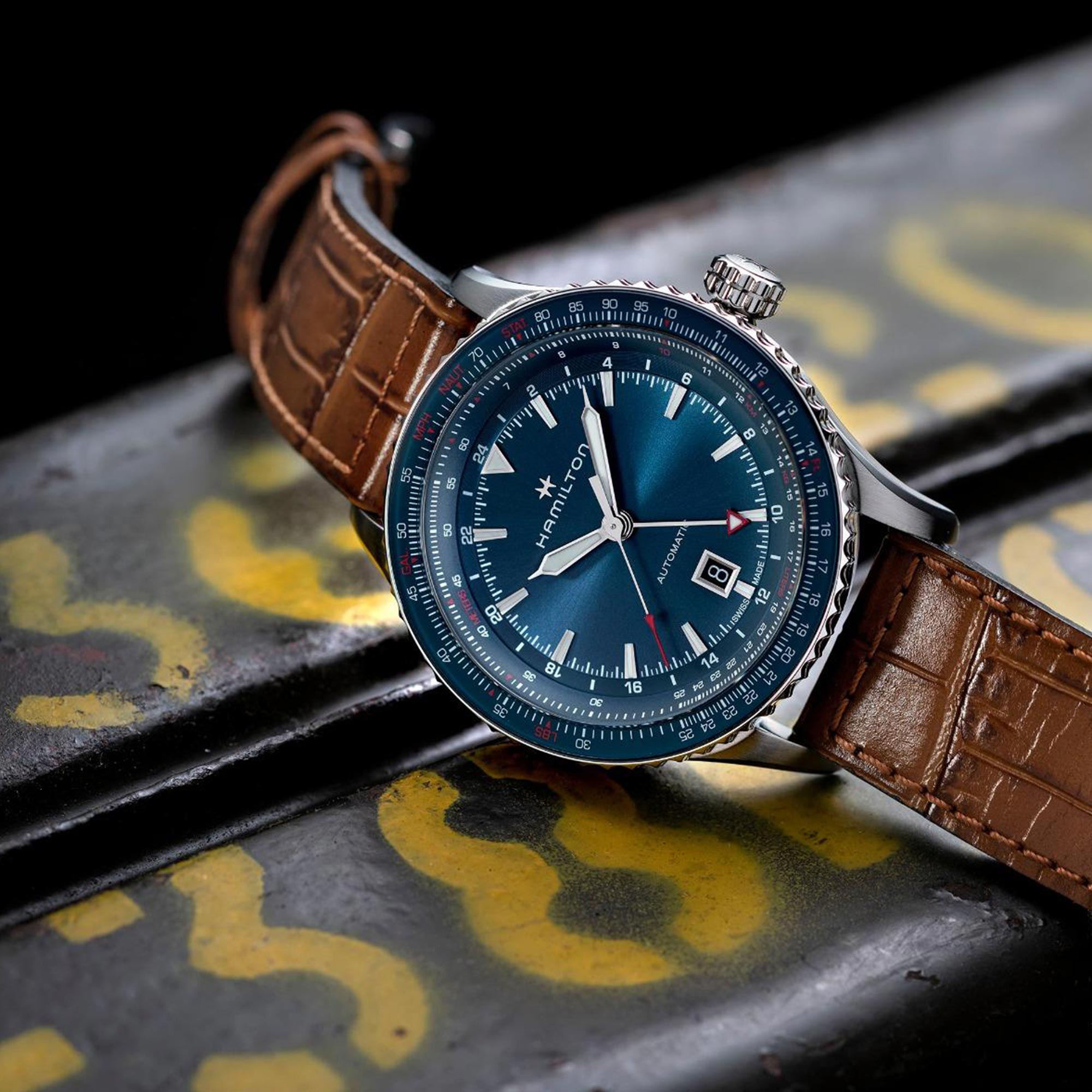 Hamilton Khaki Aviation 44mm GMT Blaues Zifferblatt Leder Herren Automatik Uhr H76715540