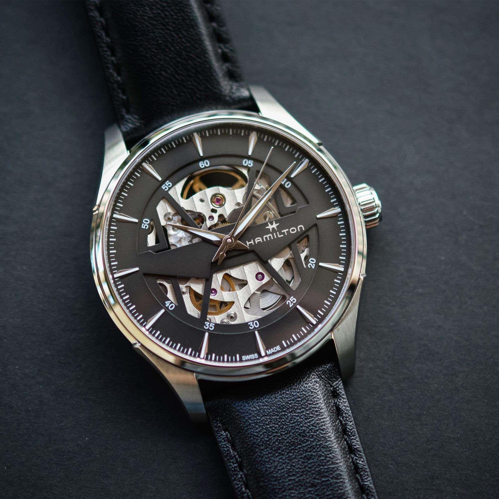 Hamilton Jazzmaster 40mm Schwarzes Skelett Zifferblatt Leder Herren Automatik Uhr H42535780