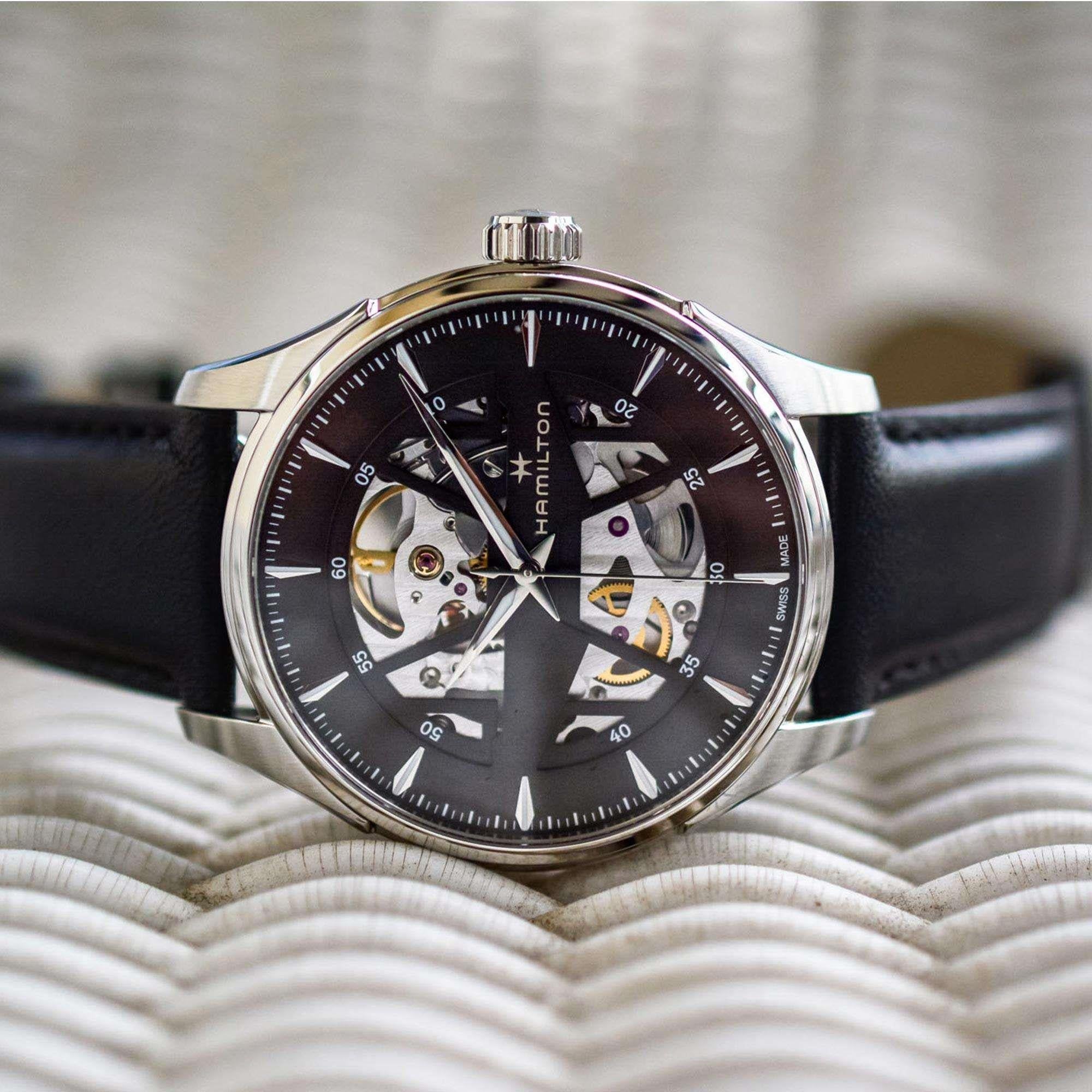 Hamilton Jazzmaster 40mm Schwarzes Skelett Zifferblatt Leder Herren Automatik Uhr H42535780