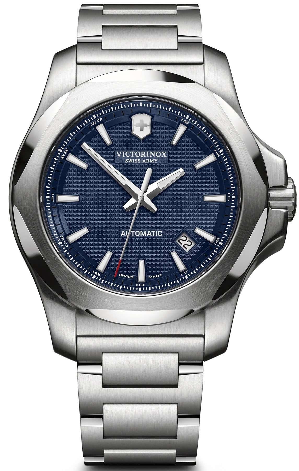 Victorinox Swiss Army I.N.O.X Mechanische Uhr mit blauem Zifferblatt, silbernes Edelstahlarmband, Herren, 241835
