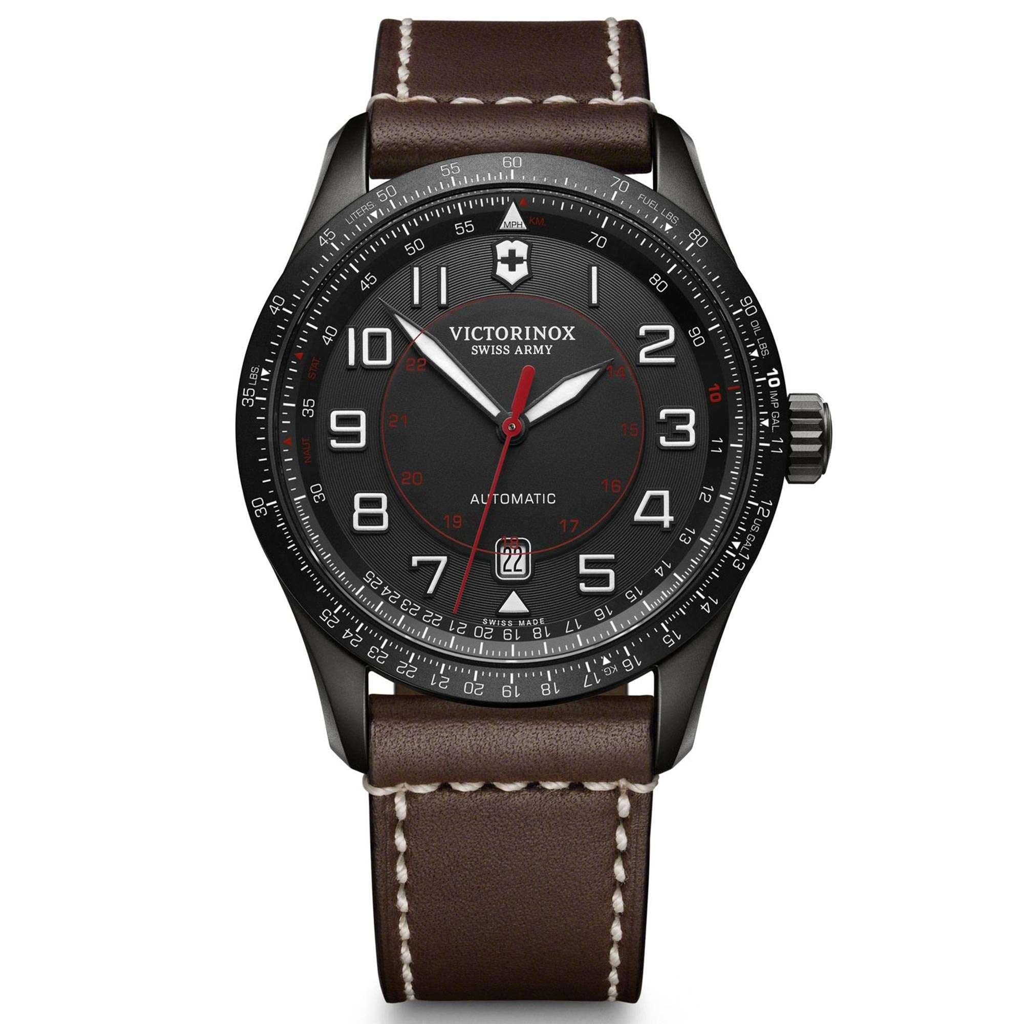 Victorinox Swiss Army Airboss Mechanisch Schwarzes Zifferblatt Armband aus braunem Leder Herren Uhr 241821
