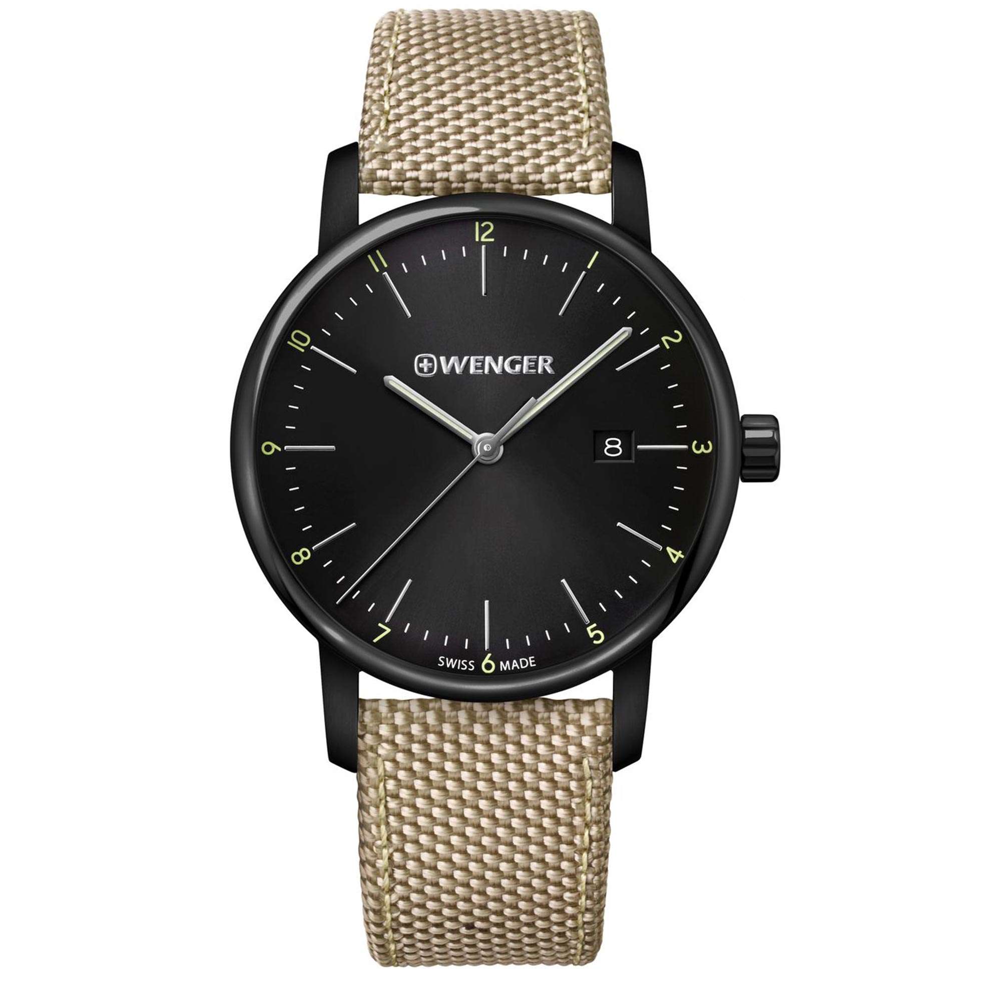Wenger Urban Classic Quarz Schwarzes Zifferblatt Armband aus beigem Nylon Herren Uhr 01.1741.138