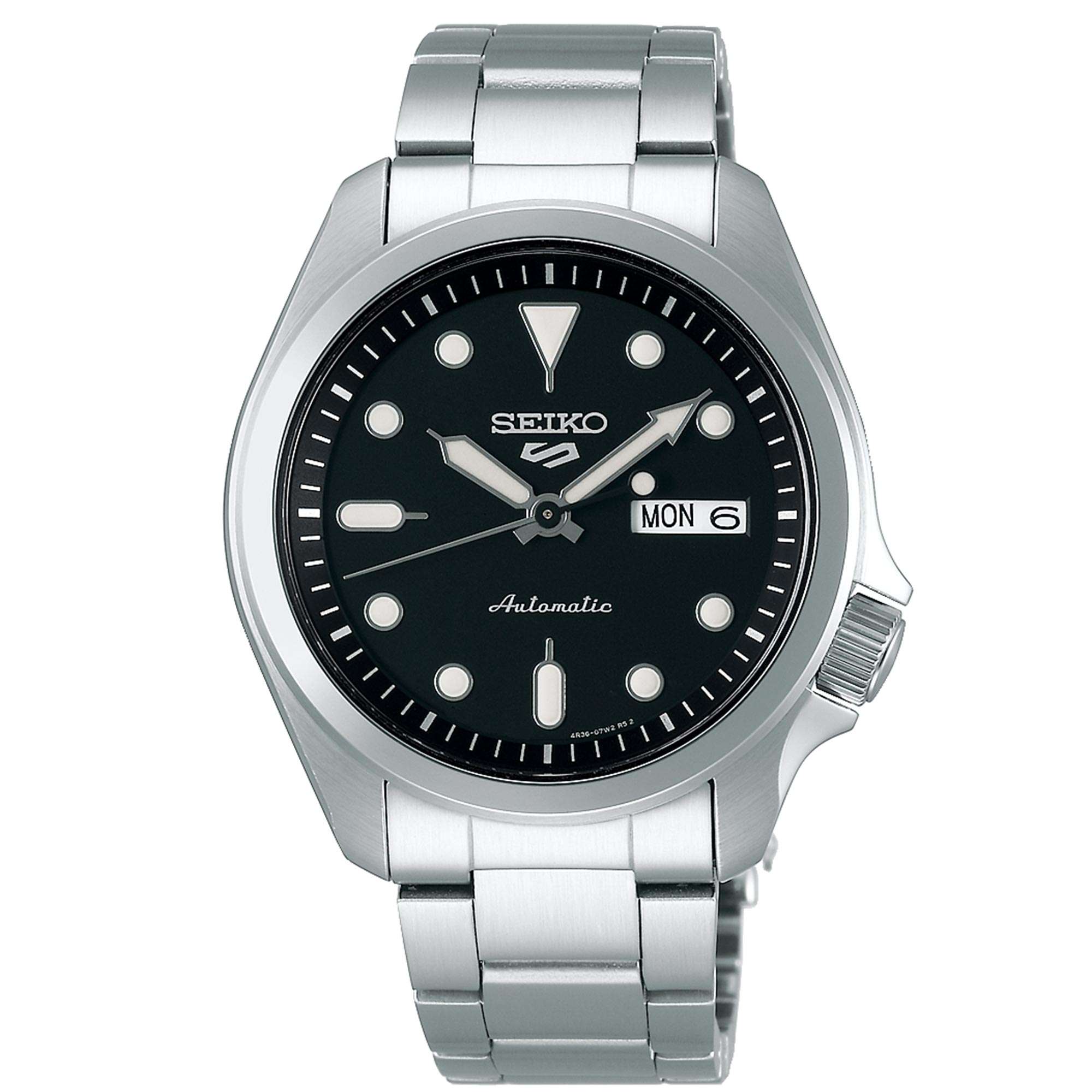 Seiko 5 Sports Solid Boy Schwarzes Zifferblatt Silbernes Edelstahlarmband Herren Uhr SRPE55K1