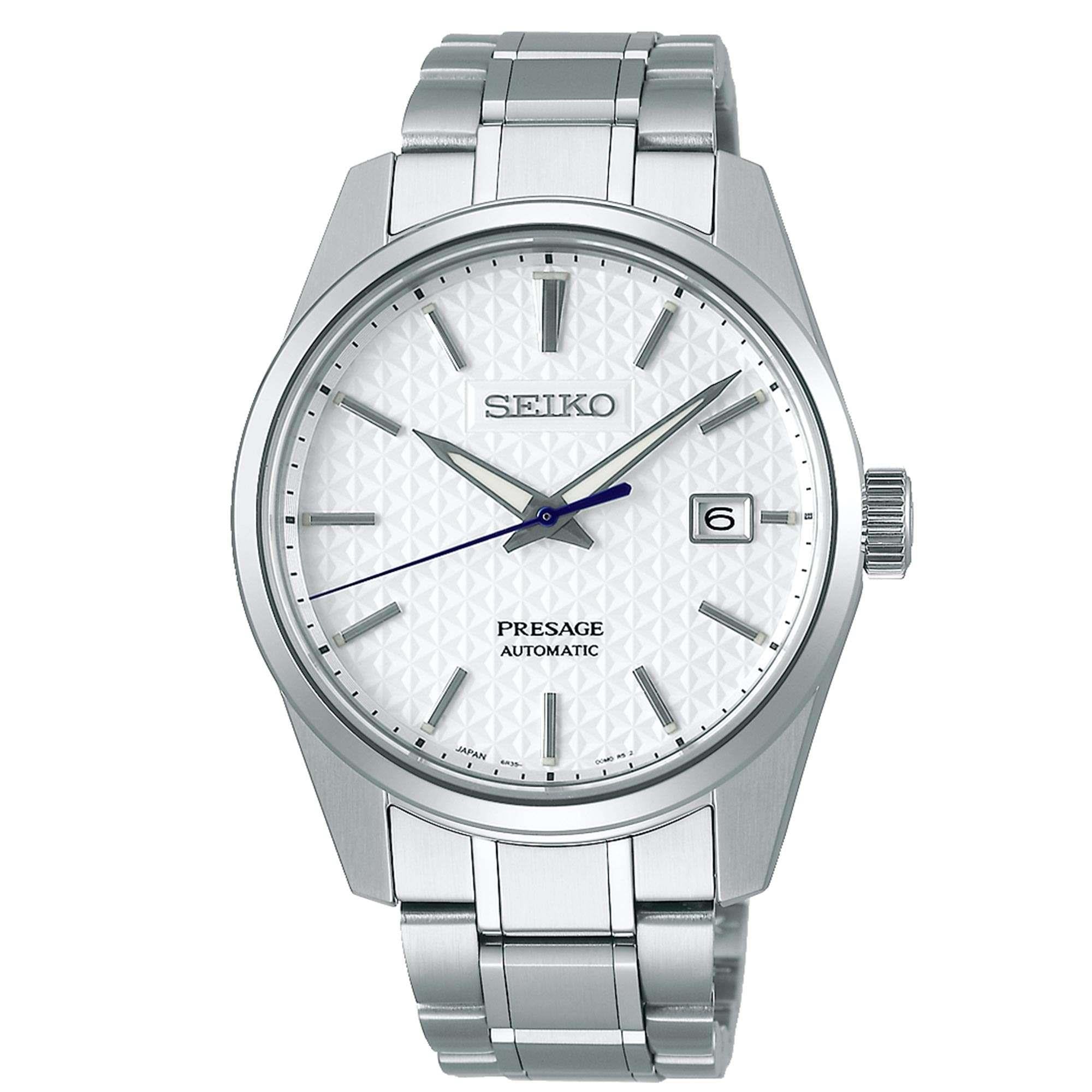 Seiko Presage Sharp Edge Serie Weißes Zifferblatt Silbernes Edelstahlarmband Automatik Herren Uhr SPB165J1