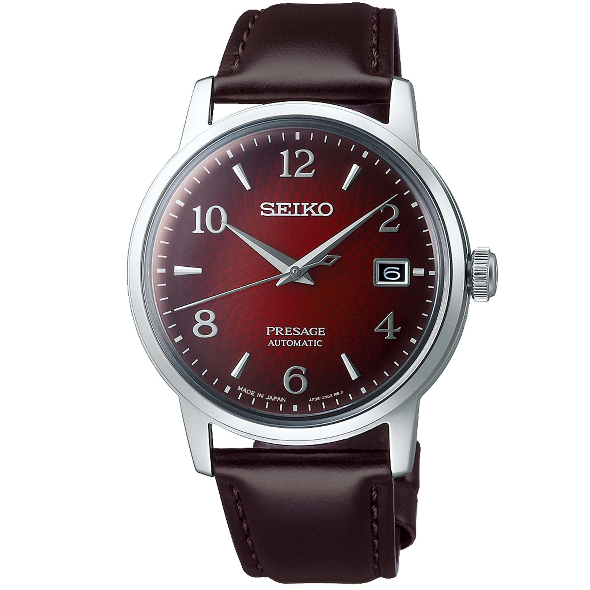 Seiko Presage Cocktail Time 'Negroni' Automatik Rotes Zifferblatt Burgunderlederarmband Herrenuhr SRPE41J1
