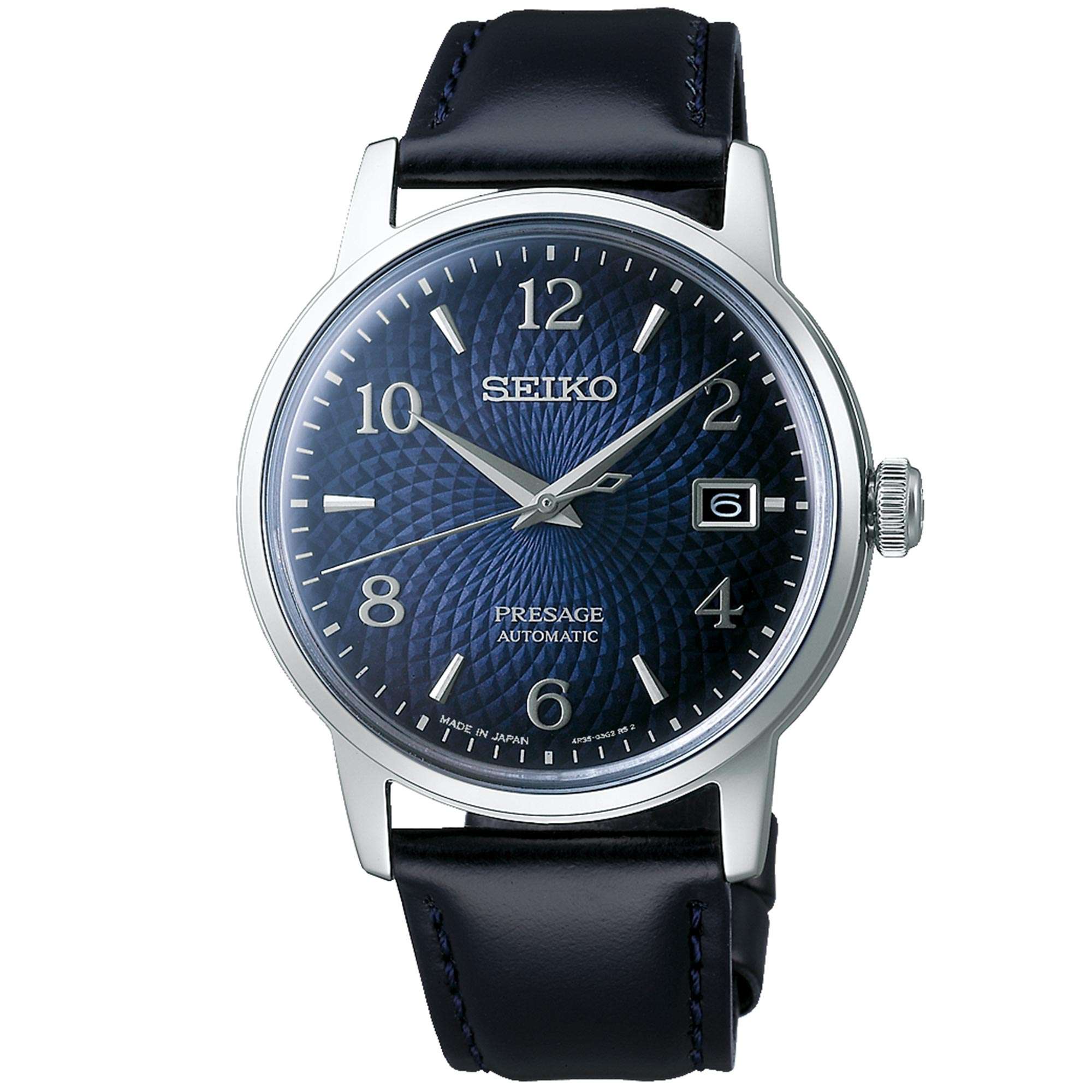 Seiko Presage Cocktail Time 'Manhattan' Automatik Blaues Zifferblatt Schwarzes Lederarmband Herrenuhr SRPE43J1