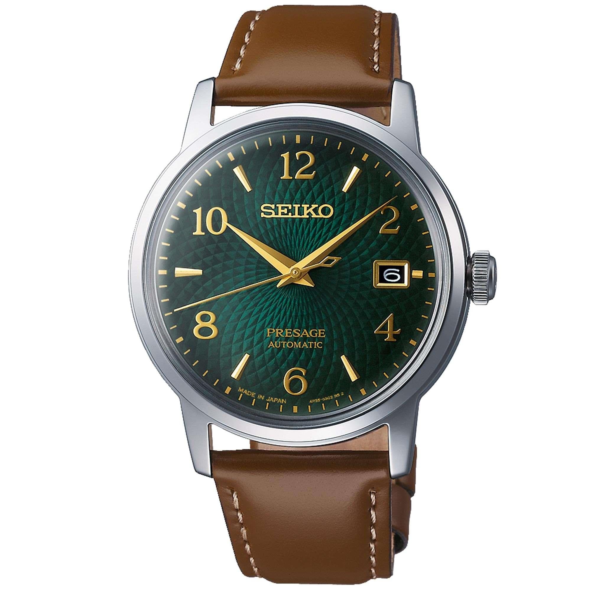 Seiko Presage Cocktail Time Mojito Grünes Zifferblatt Braunes Lederarmband Automatik Herrenuhr SRPE45J1