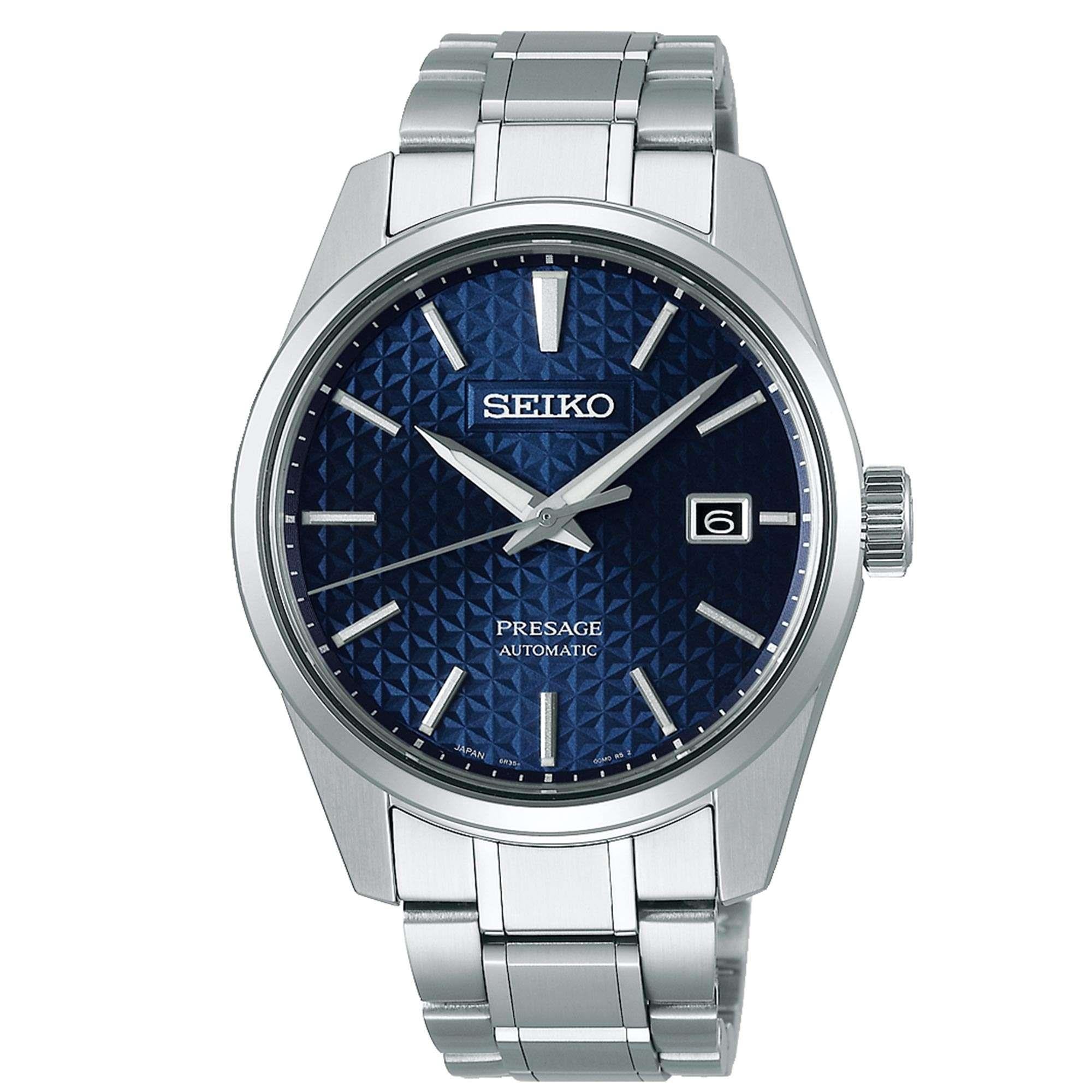 Seiko Presage Sharp Edge Serie Blaues Zifferblatt Silbernes Edelstahlarmband Automatik Herren Uhr SPB167J1