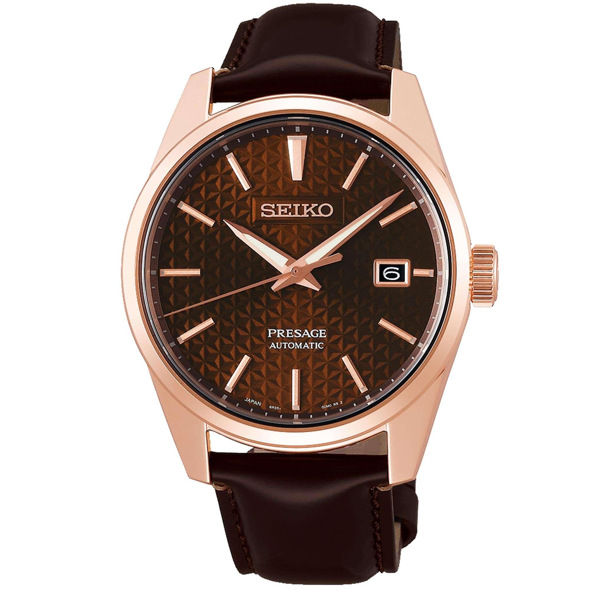 Seiko Presage Sharp Edge Serie Braunes Zifferblatt Roségoldenes Lederarmband Automatik Herren Uhr SPB170J1