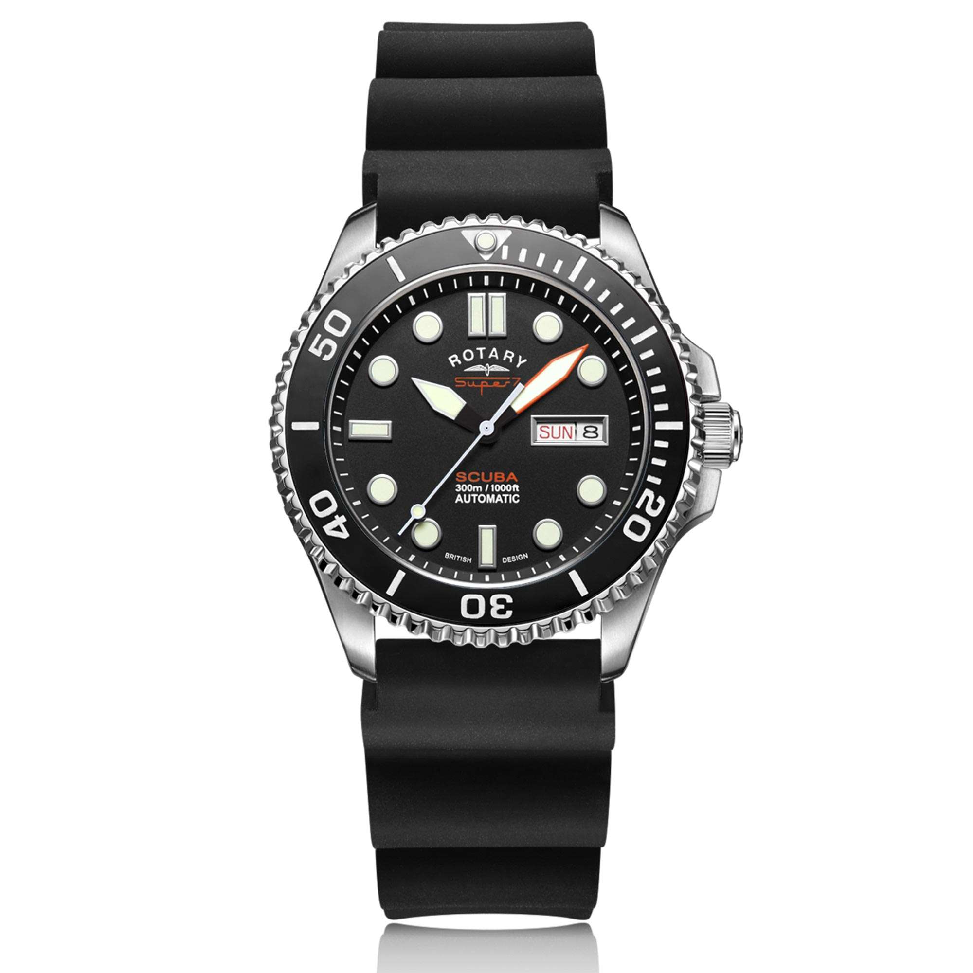 Rotary Super 7 SCUBA Automatik Schwarzes Zifferblatt Keramikkranz Silikonarmband Herren Taucheruhr S7S001S
