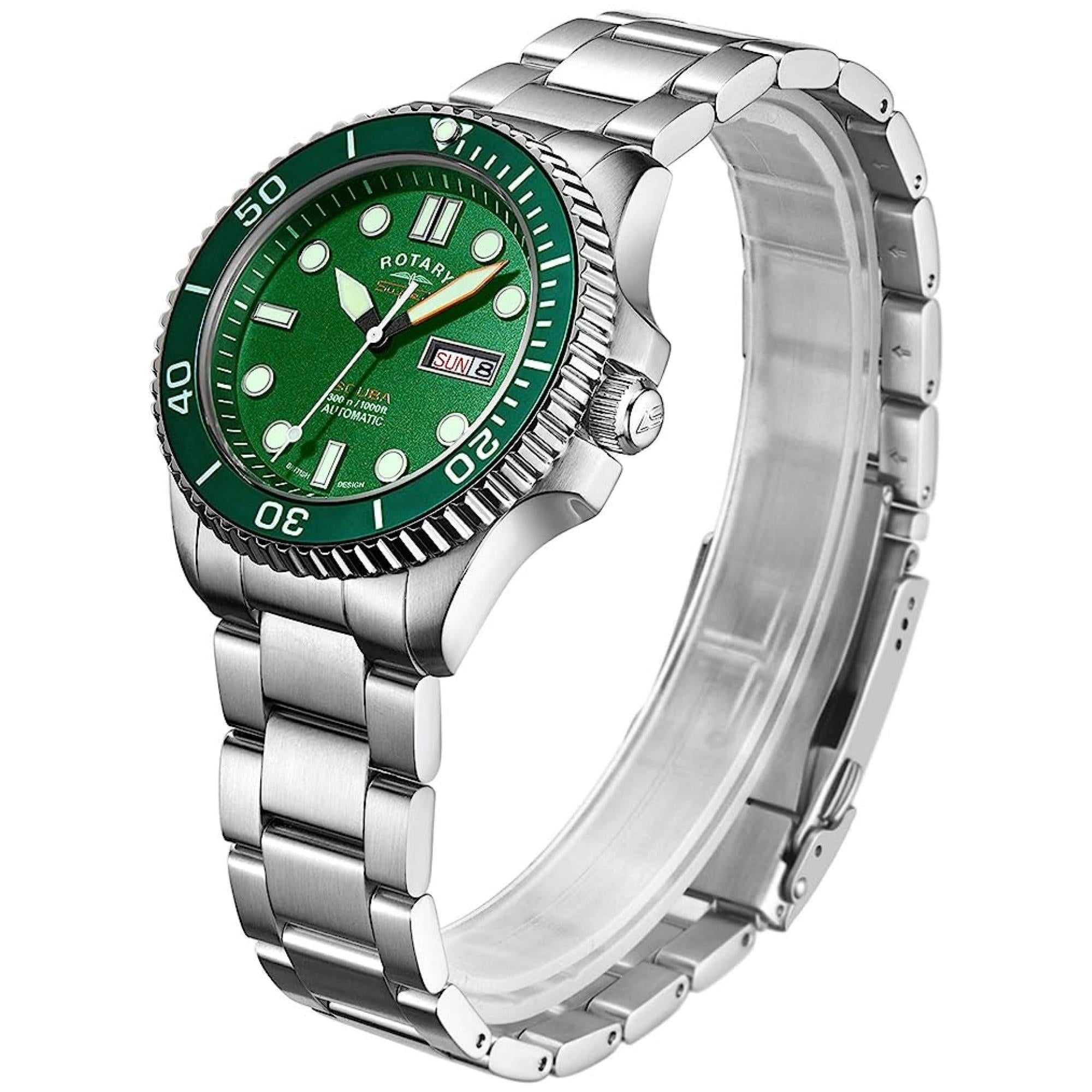 Rotary Super 7 SCUBA 'Hulk' Automatik Grünes Zifferblatt Silbernes Edelstahlarmband Herren Taucheruhr S7S003B
