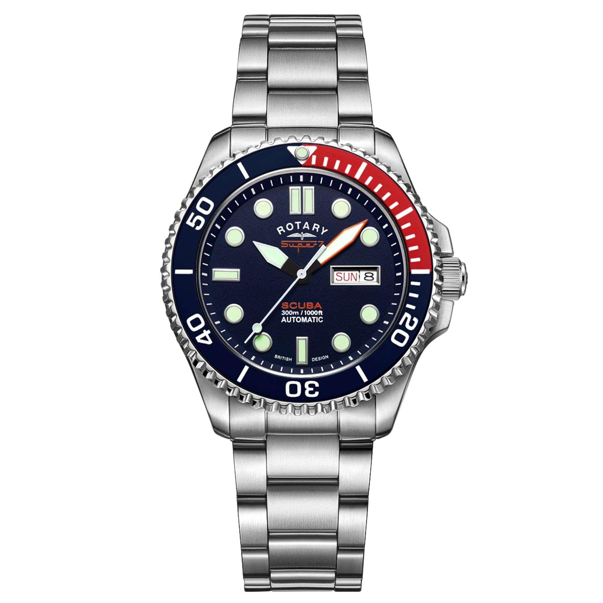 Rotary Super 7 SCUBA 'Pepsi' Automatik Marineblaues Zifferblatt Silbernes Edelstahlarmband Herren Taucheruhr S7S004B