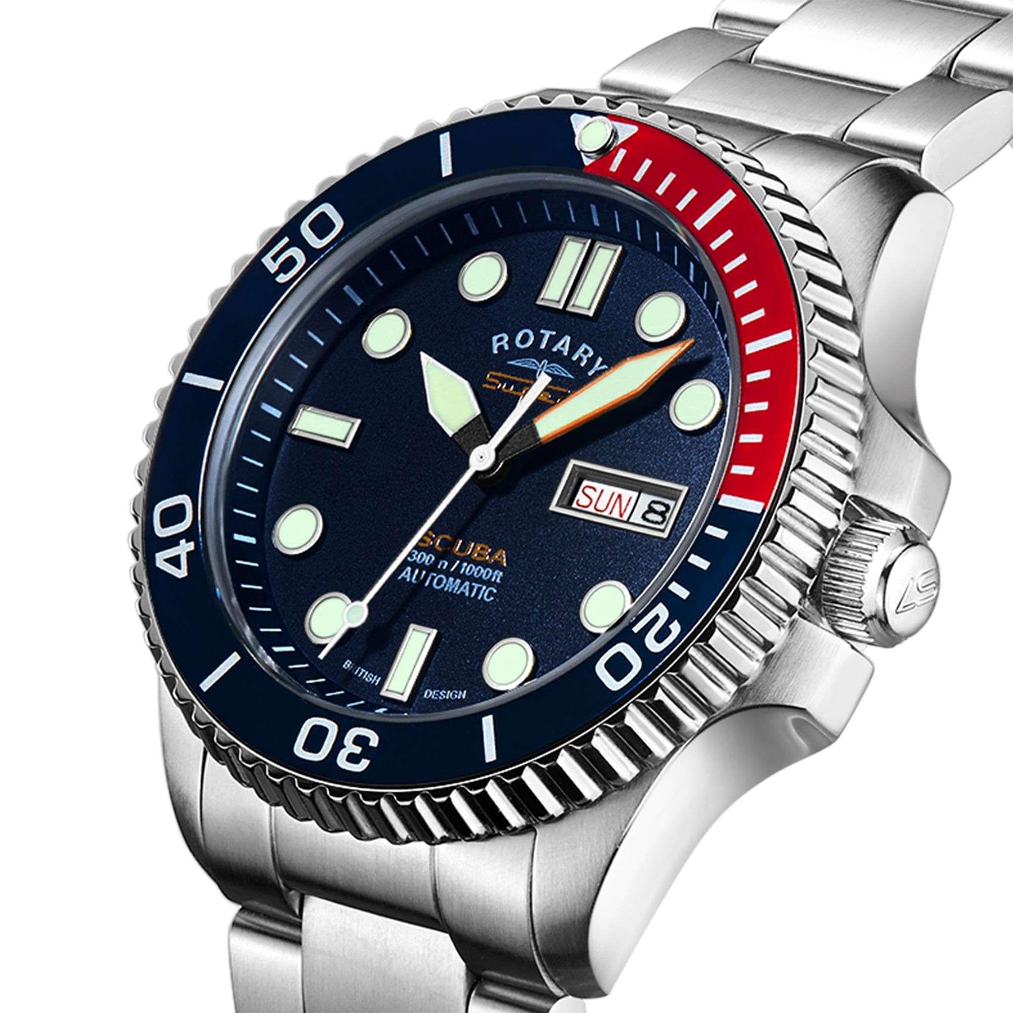 Rotary Super 7 SCUBA 'Pepsi' Automatik Marineblaues Zifferblatt Silbernes Edelstahlarmband Herren Taucheruhr S7S004B