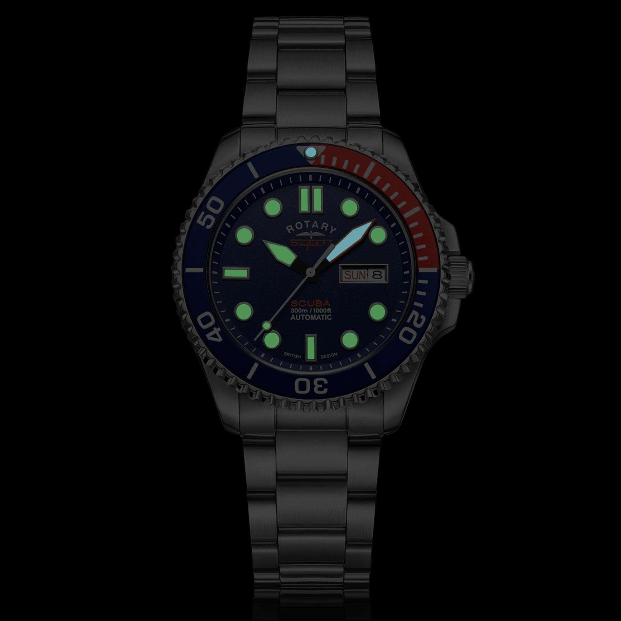Rotary Super 7 SCUBA 'Pepsi' Automatik Marineblaues Zifferblatt Silbernes Edelstahlarmband Herren Taucheruhr S7S004B